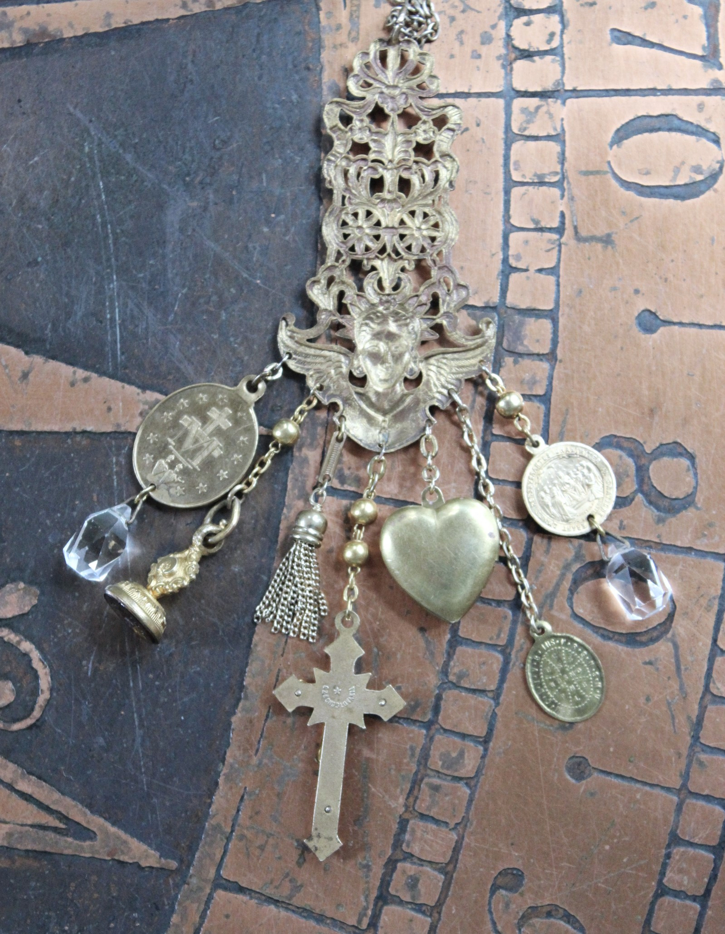 Watch Over You Necklace with Unique Angel Finding,RARE All Seeing Eye Gilt Wax Seal,Antique Medals,Vintage Heart Locket,Faceted Rock Crystal Drops & More!