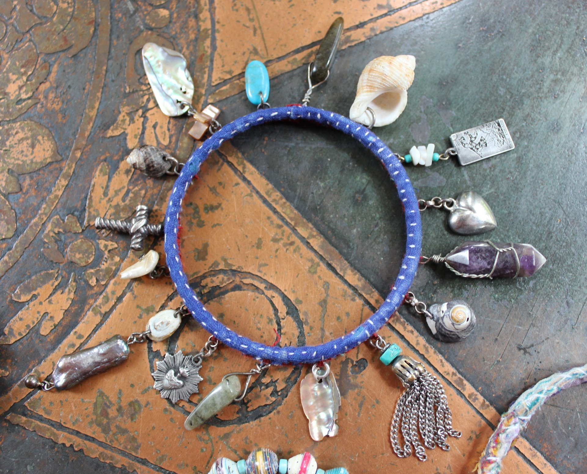Endless Bounty Bangle Set with Antique Kantha Textile, Multiple Faceted Gemstones & Turquoise, Unique Dangles and Drops!