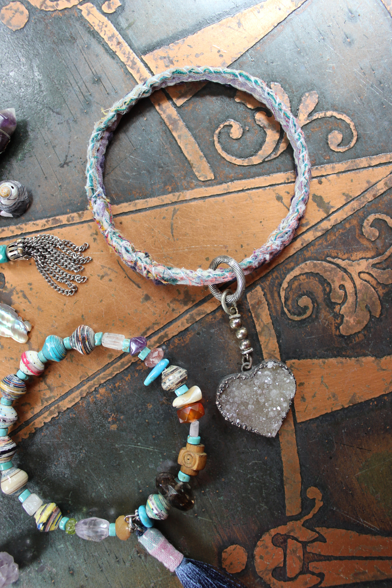 Endless Bounty Bangle Set with Antique Kantha Textile, Multiple Faceted Gemstones & Turquoise, Unique Dangles and Drops!