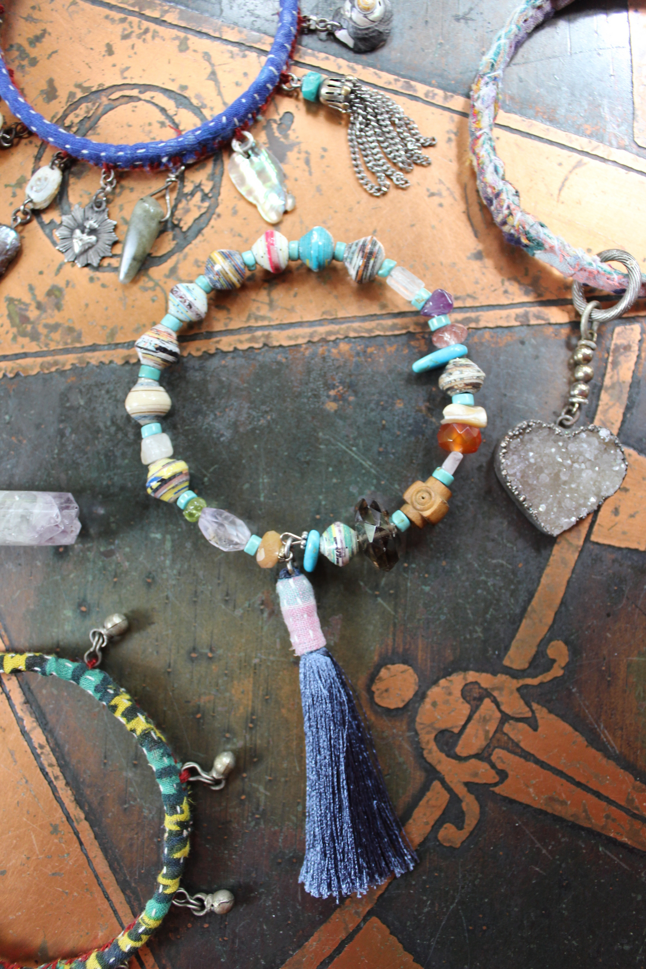 Endless Bounty Bangle Set with Antique Kantha Textile, Multiple Faceted Gemstones & Turquoise, Unique Dangles and Drops!