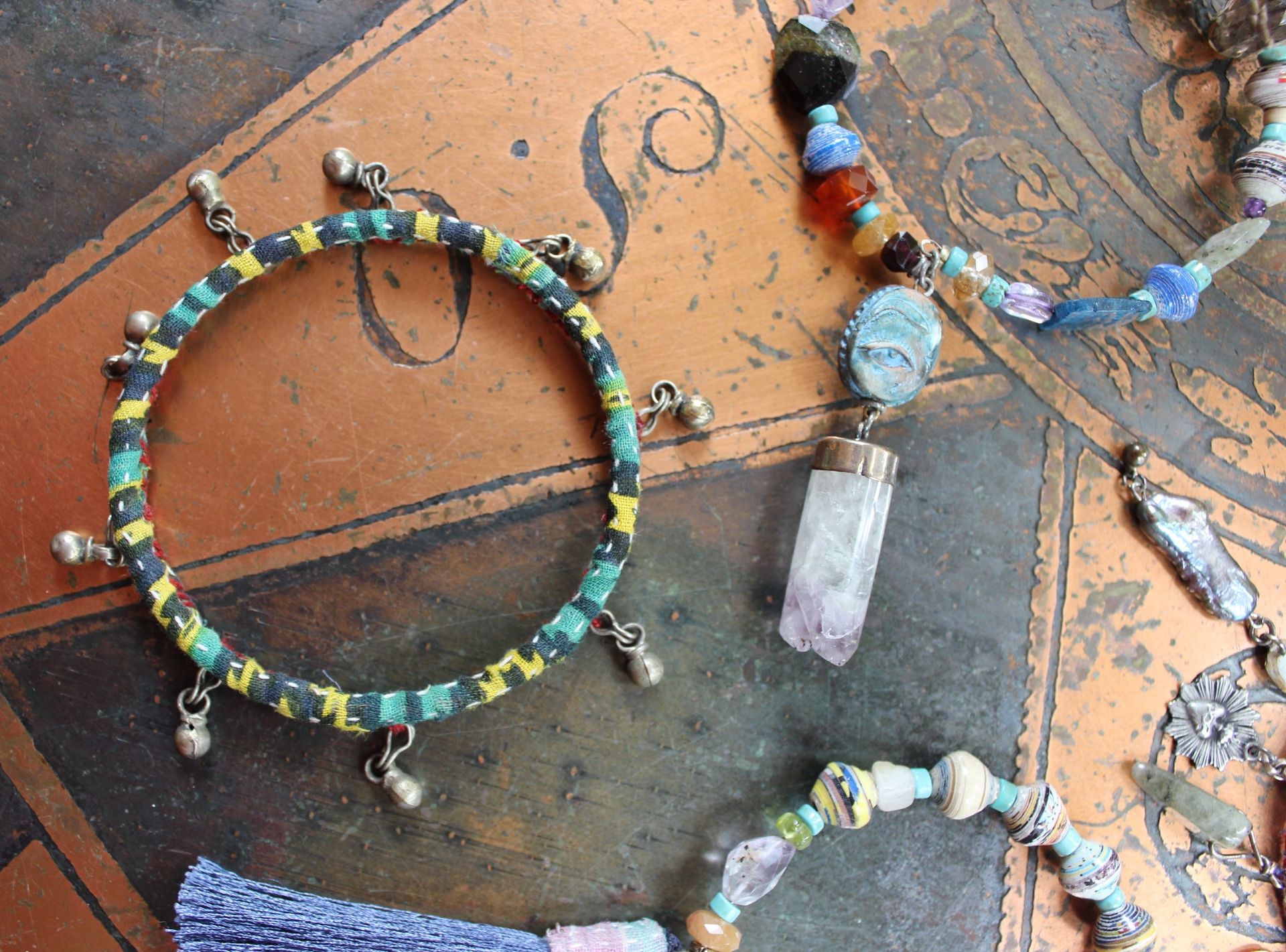 Endless Bounty Bangle Set with Antique Kantha Textile, Multiple Faceted Gemstones & Turquoise, Unique Dangles and Drops!
