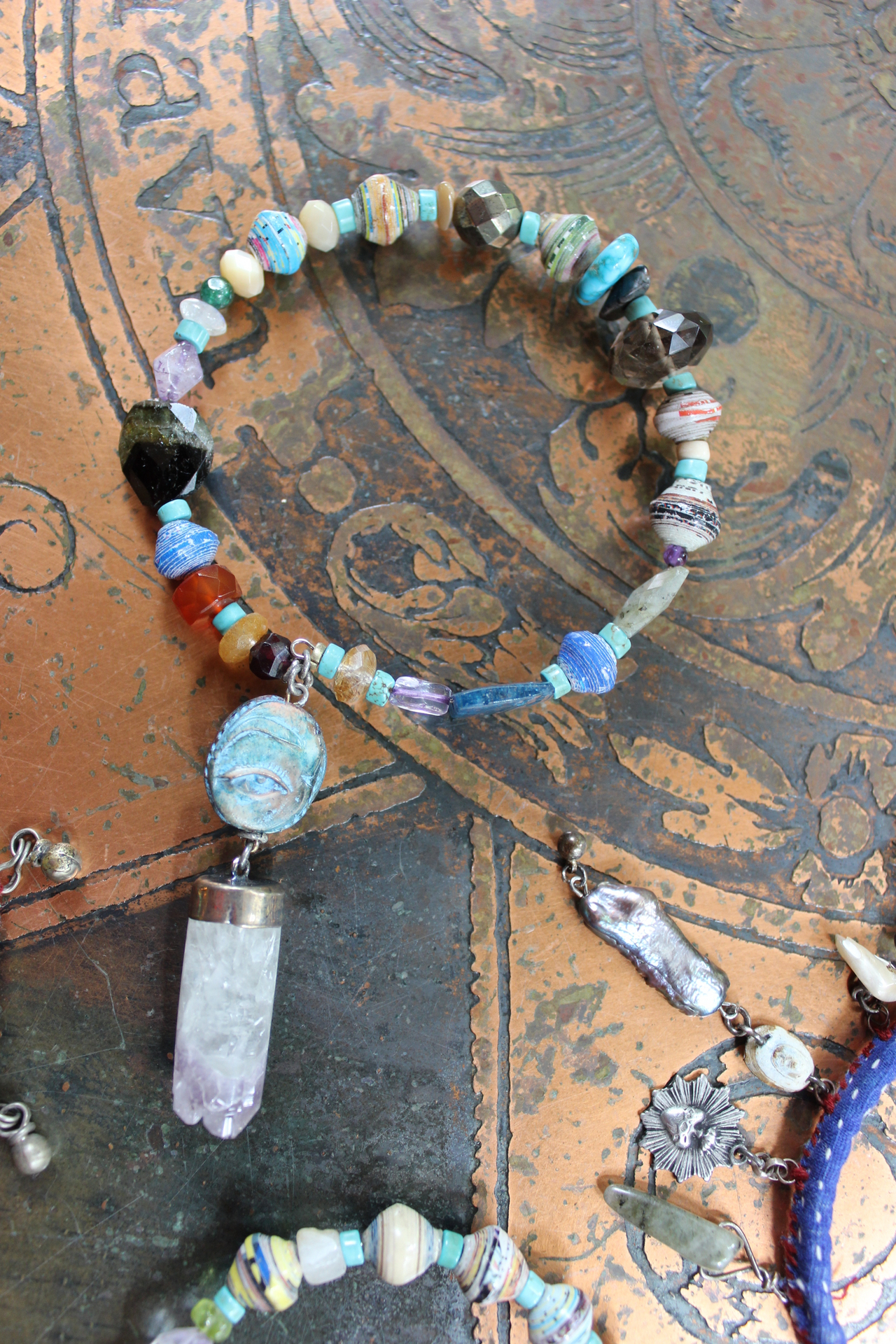 Endless Bounty Bangle Set with Antique Kantha Textile, Multiple Faceted Gemstones & Turquoise, Unique Dangles and Drops!