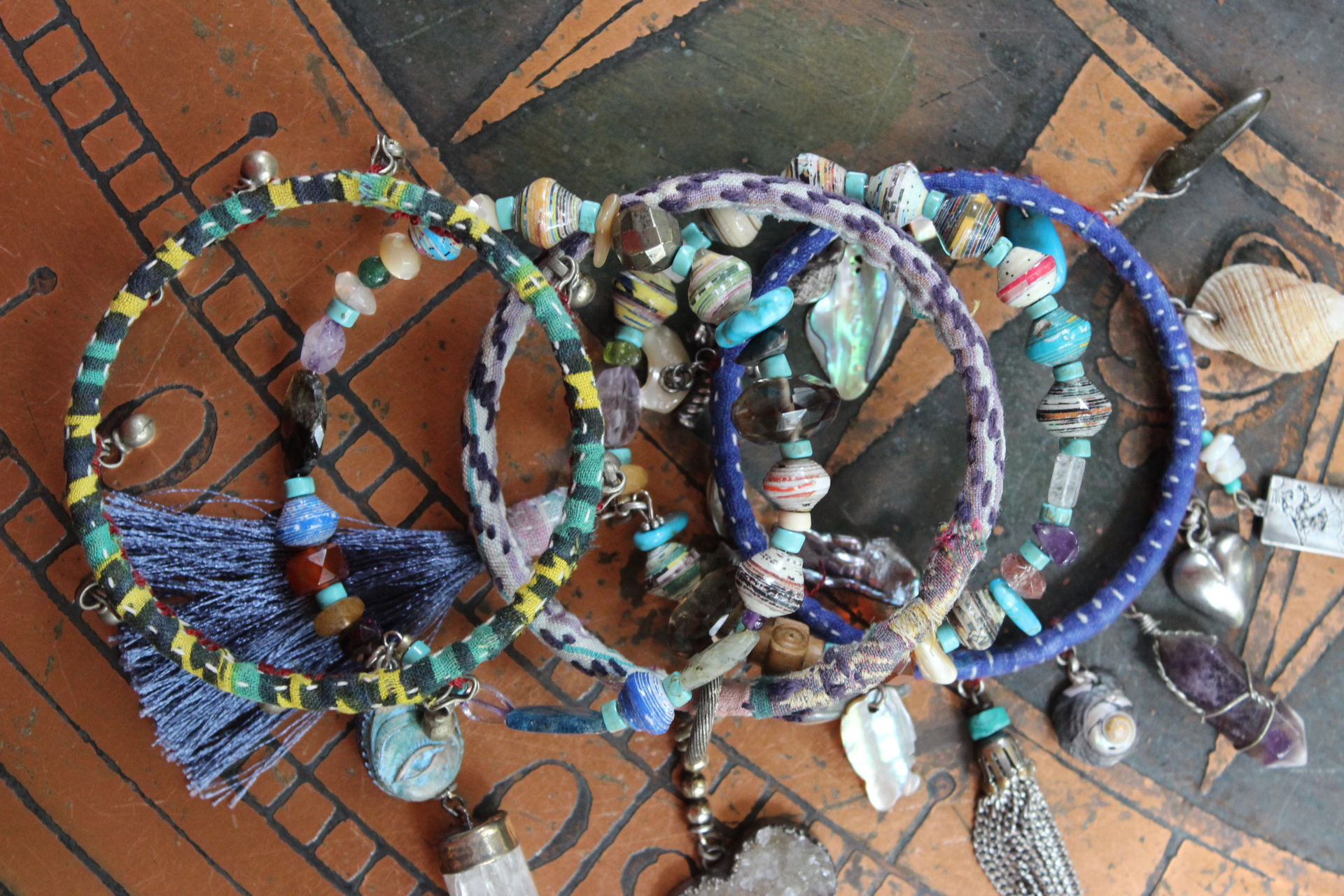 Endless Bounty Bangle Set with Antique Kantha Textile, Multiple Faceted Gemstones & Turquoise, Unique Dangles and Drops!