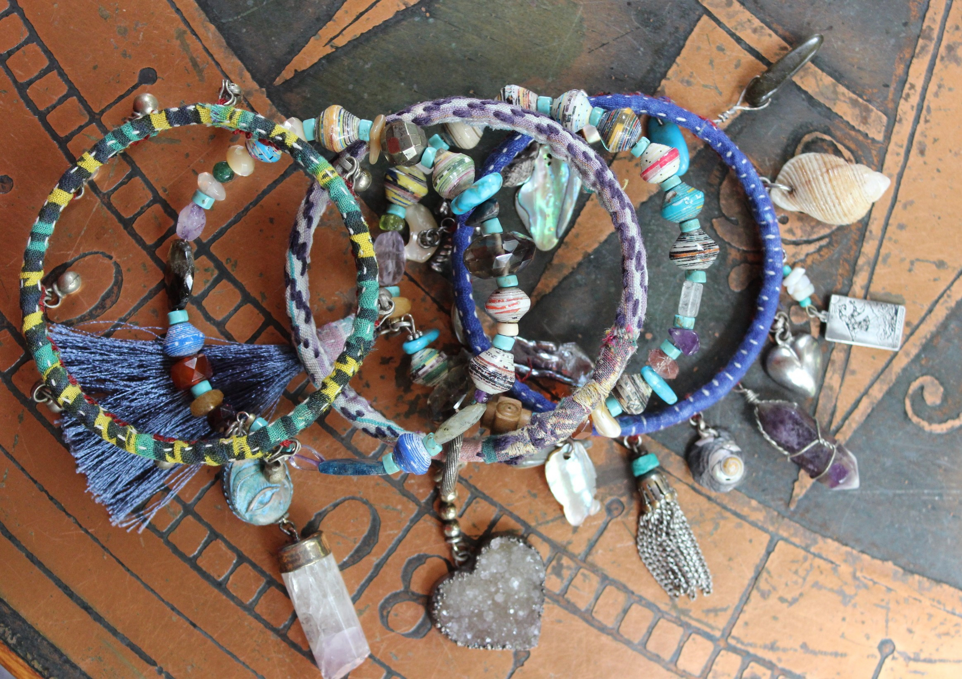 Endless Bounty Bangle Set with Antique Kantha Textile, Multiple Faceted Gemstones & Turquoise, Unique Dangles and Drops!