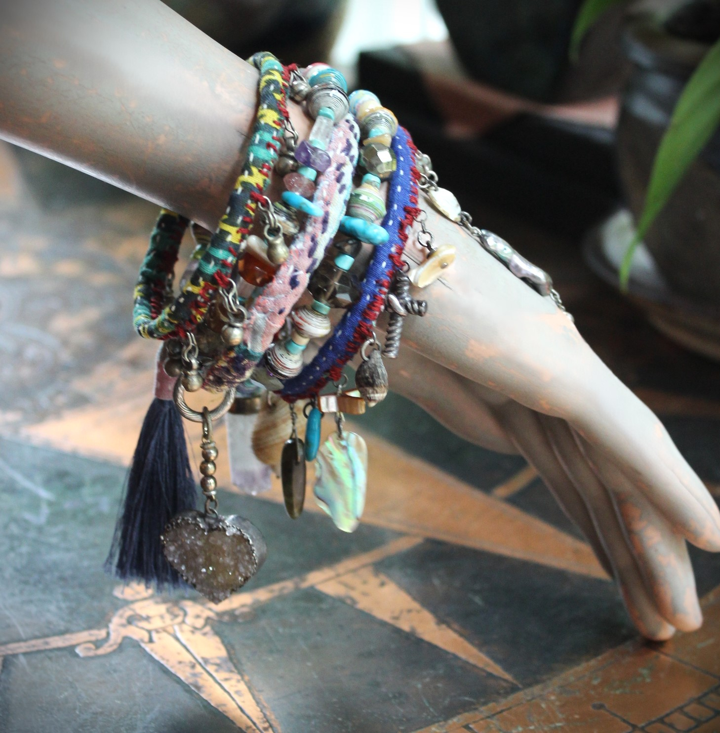 Endless Bounty Bangle Set with Antique Kantha Textile, Multiple Faceted Gemstones & Turquoise, Unique Dangles and Drops!