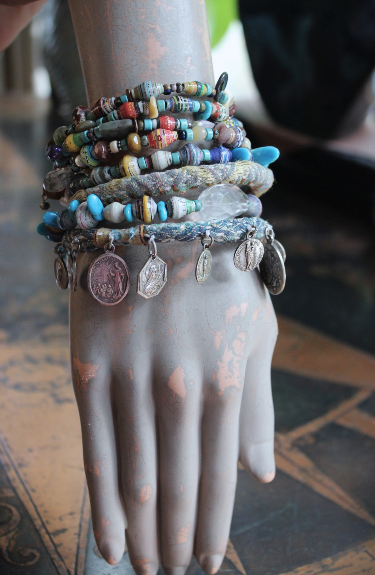 Endless Bounty II Bangle Set with Antique Kantha Textile, Antique Medals, Multiple Faceted Gemstones & Turquoise, Unique Dangles and Drops!