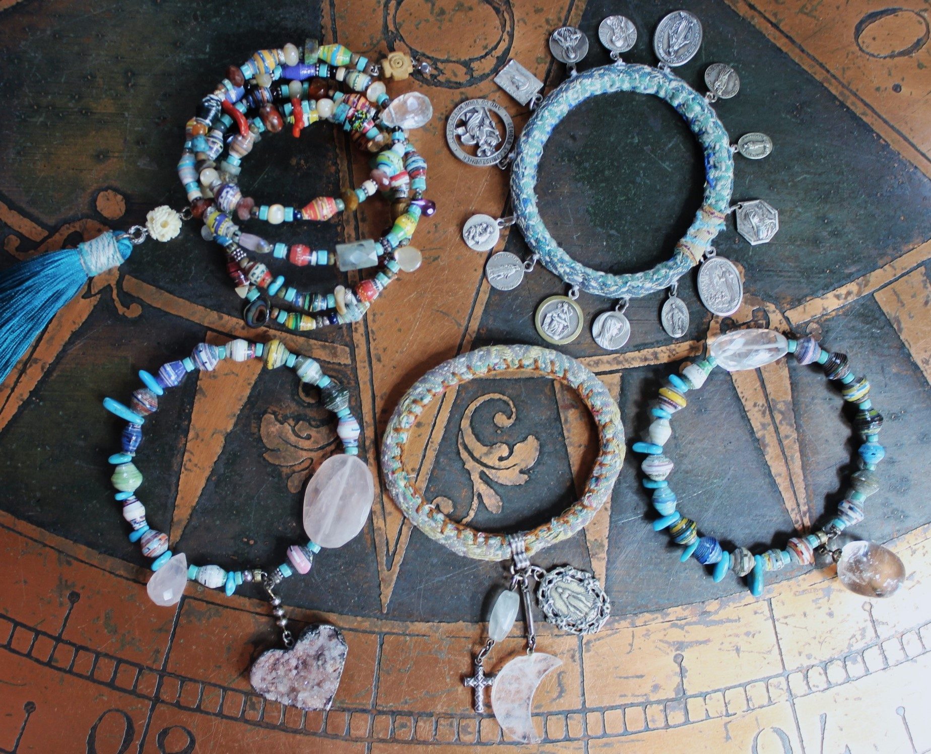 Endless Bounty II Bangle Set with Antique Kantha Textile, Antique Medals, Multiple Faceted Gemstones & Turquoise, Unique Dangles and Drops!