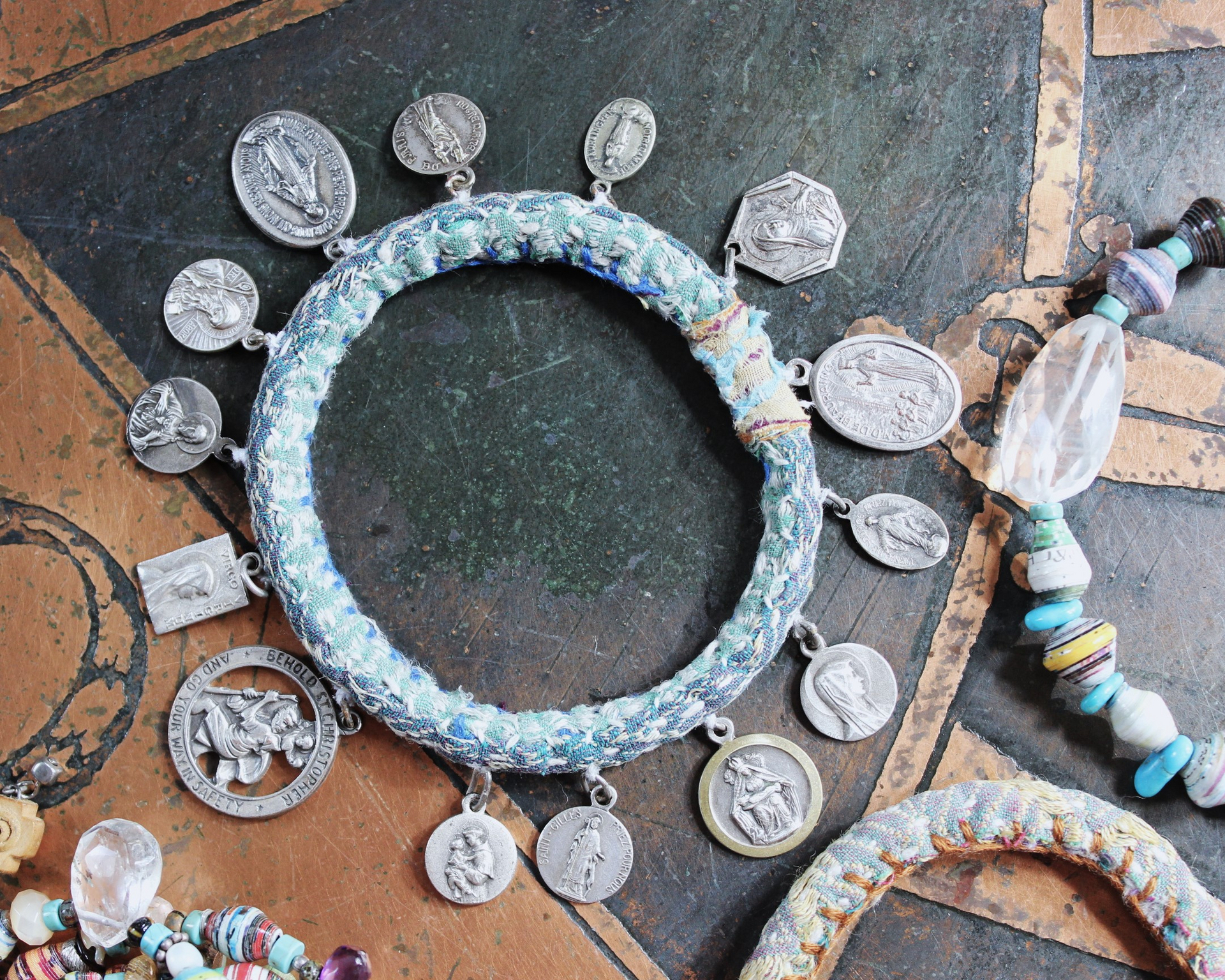 Endless Bounty II Bangle Set with Antique Kantha Textile, Antique Medals, Multiple Faceted Gemstones & Turquoise, Unique Dangles and Drops!