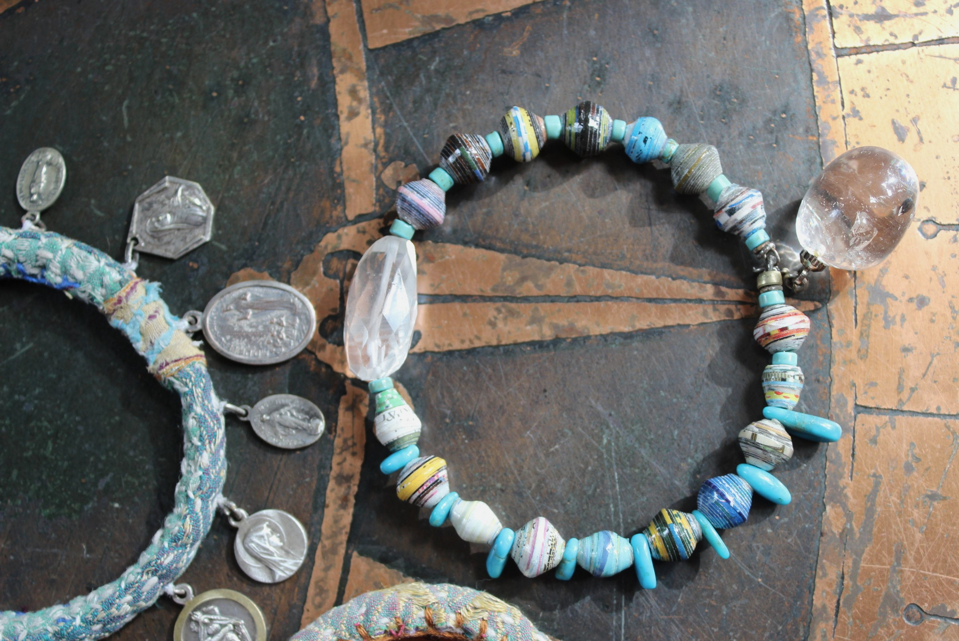 Endless Bounty II Bangle Set with Antique Kantha Textile, Antique Medals, Multiple Faceted Gemstones & Turquoise, Unique Dangles and Drops!