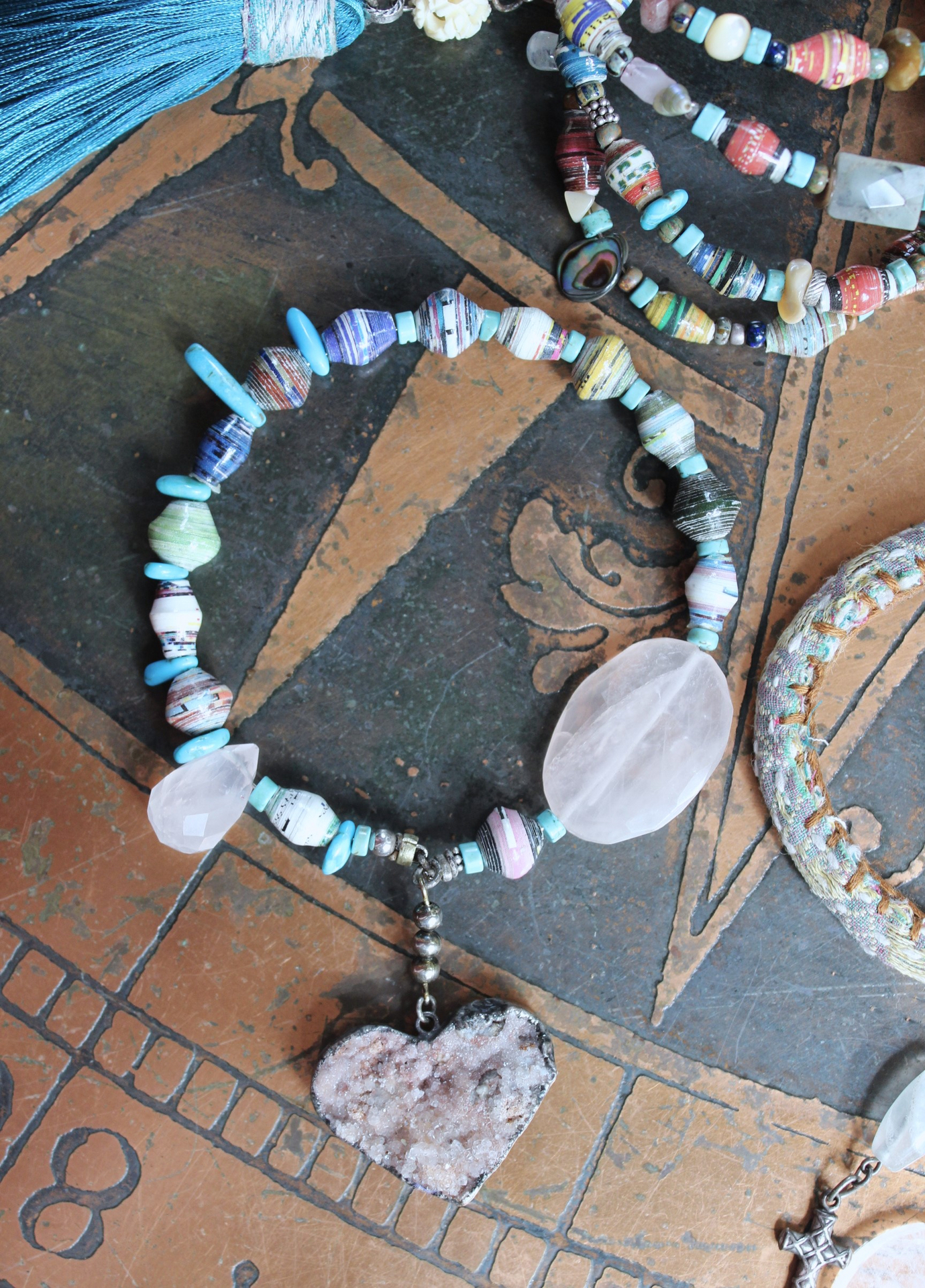 Endless Bounty II Bangle Set with Antique Kantha Textile, Antique Medals, Multiple Faceted Gemstones & Turquoise, Unique Dangles and Drops!