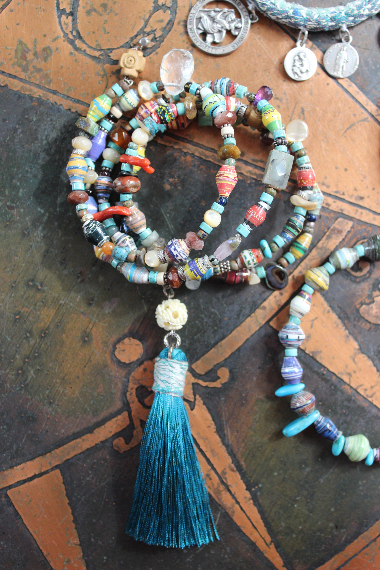 Endless Bounty II Bangle Set with Antique Kantha Textile, Antique Medals, Multiple Faceted Gemstones & Turquoise, Unique Dangles and Drops!