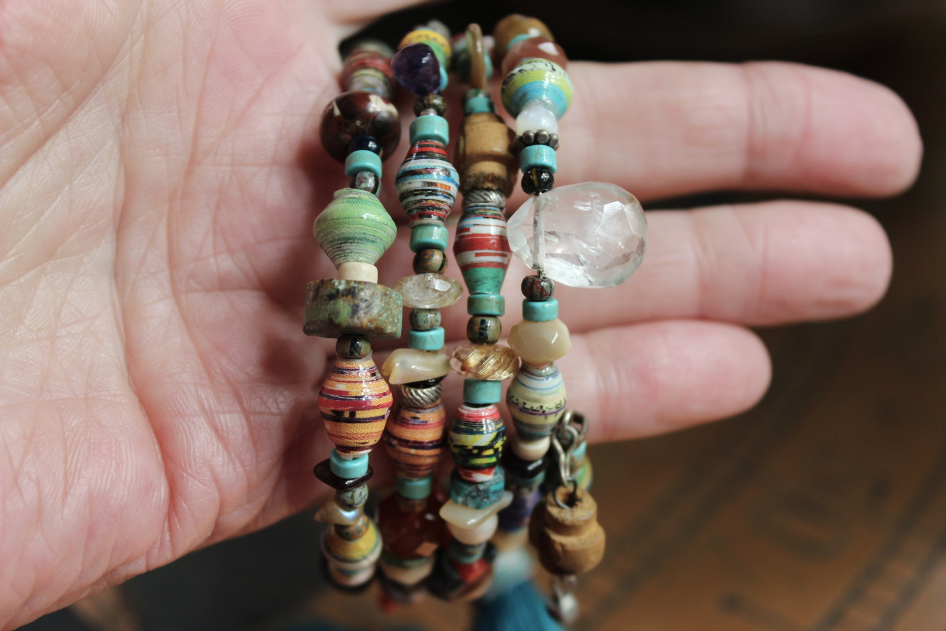 Endless Bounty II Bangle Set with Antique Kantha Textile, Antique Medals, Multiple Faceted Gemstones & Turquoise, Unique Dangles and Drops!