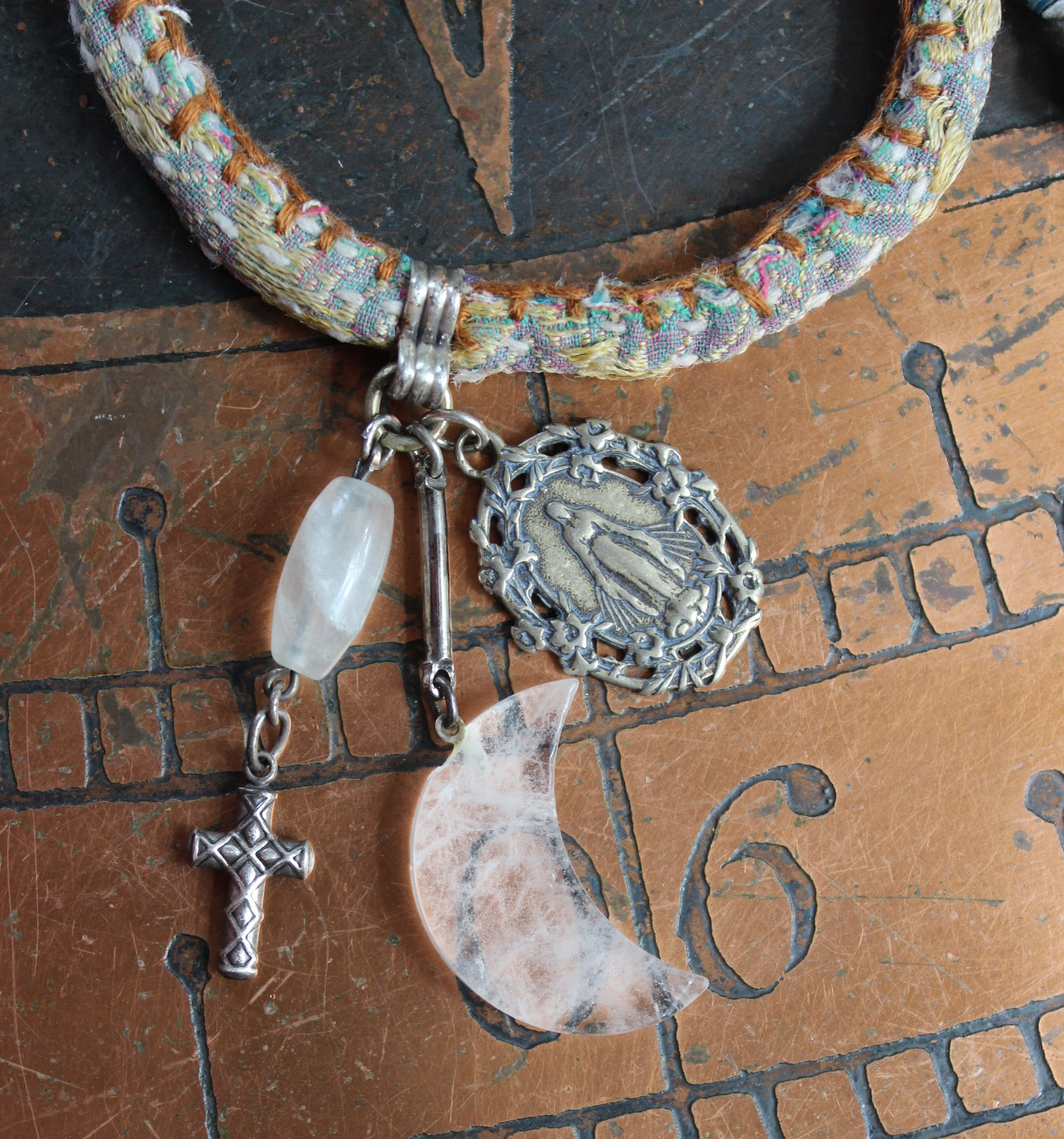 Endless Bounty II Bangle Set with Antique Kantha Textile, Antique Medals, Multiple Faceted Gemstones & Turquoise, Unique Dangles and Drops!