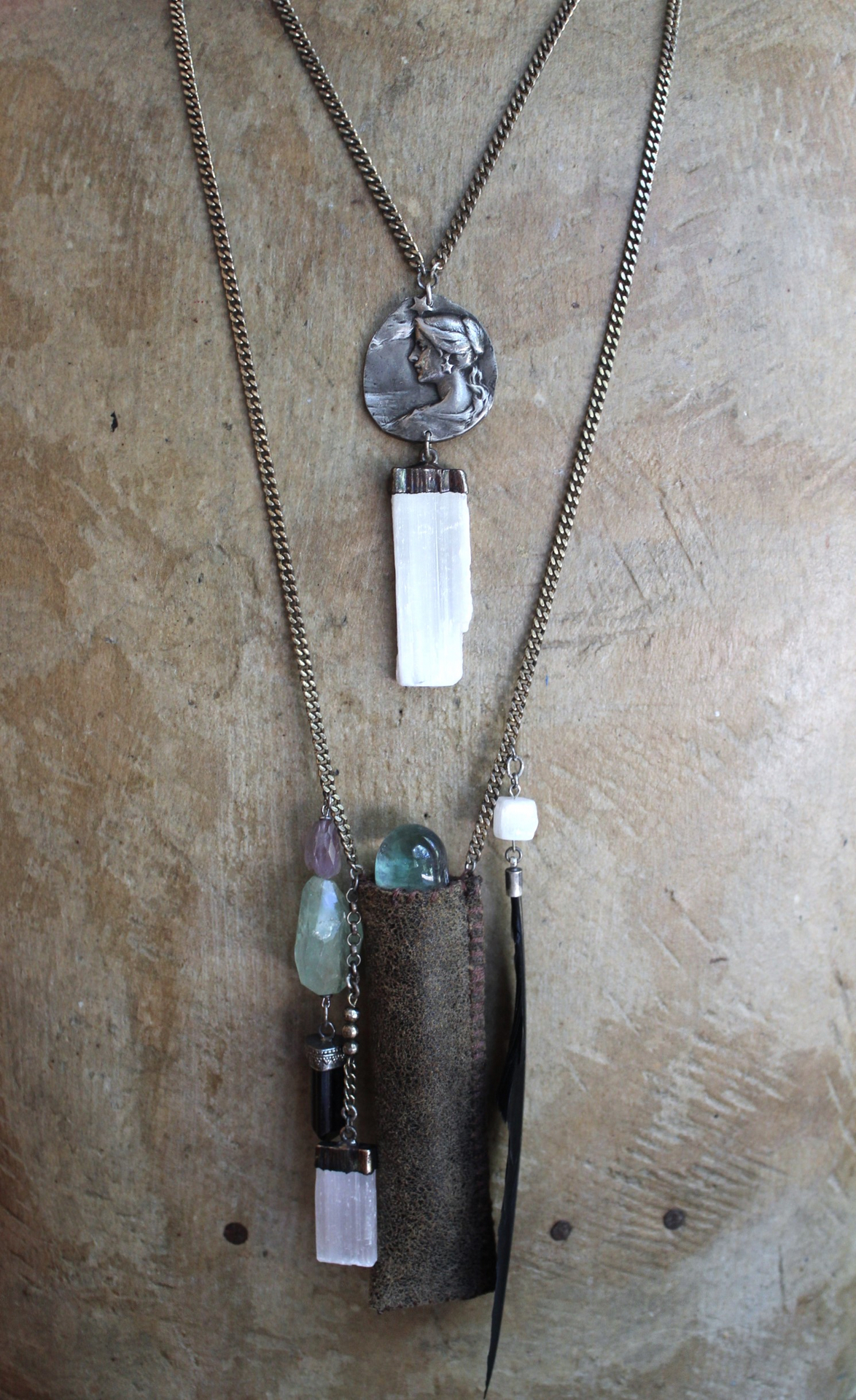 As Fine as Soul Necklace Set with Fluorite Capped Selenite Wand & Pouch, Twilight Goddess Medal, Sterling Capped Raven Wing & Black Tourmaline + More!