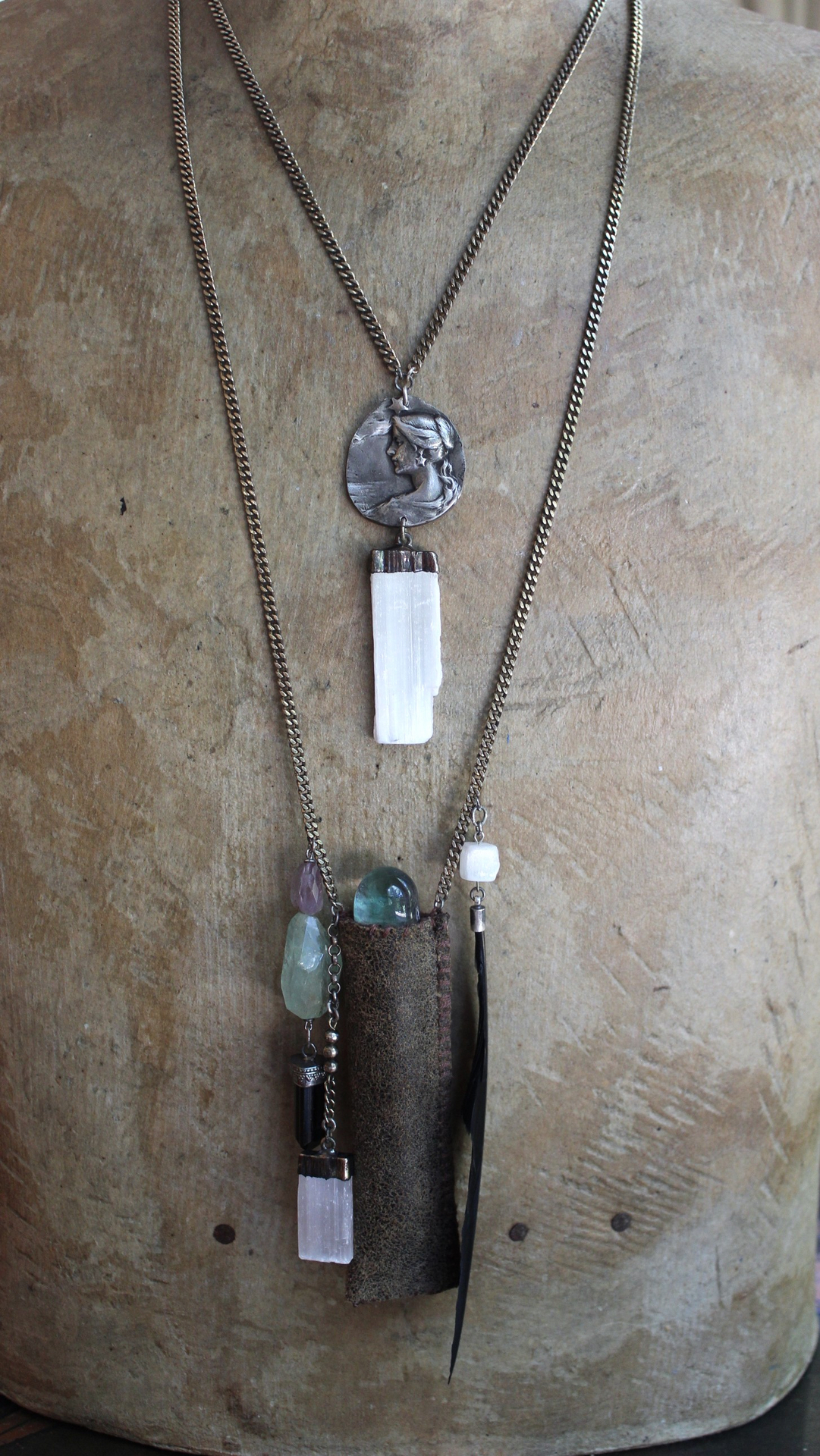 As Fine as Soul Necklace Set with Fluorite Capped Selenite Wand & Pouch, Twilight Goddess Medal, Sterling Capped Raven Wing & Black Tourmaline + More!
