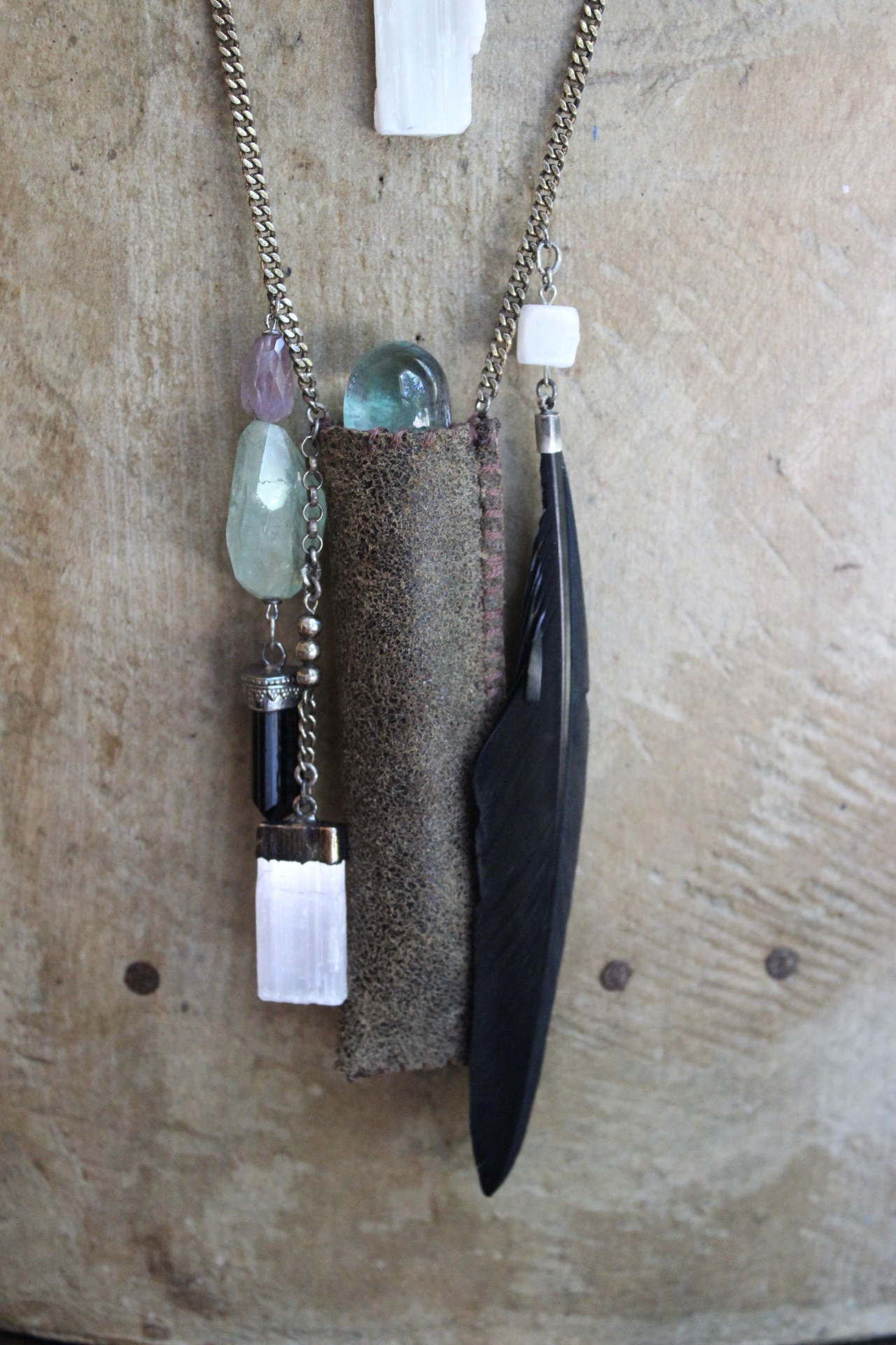 As Fine as Soul Necklace Set with Fluorite Capped Selenite Wand & Pouch, Twilight Goddess Medal, Sterling Capped Raven Wing & Black Tourmaline + More!