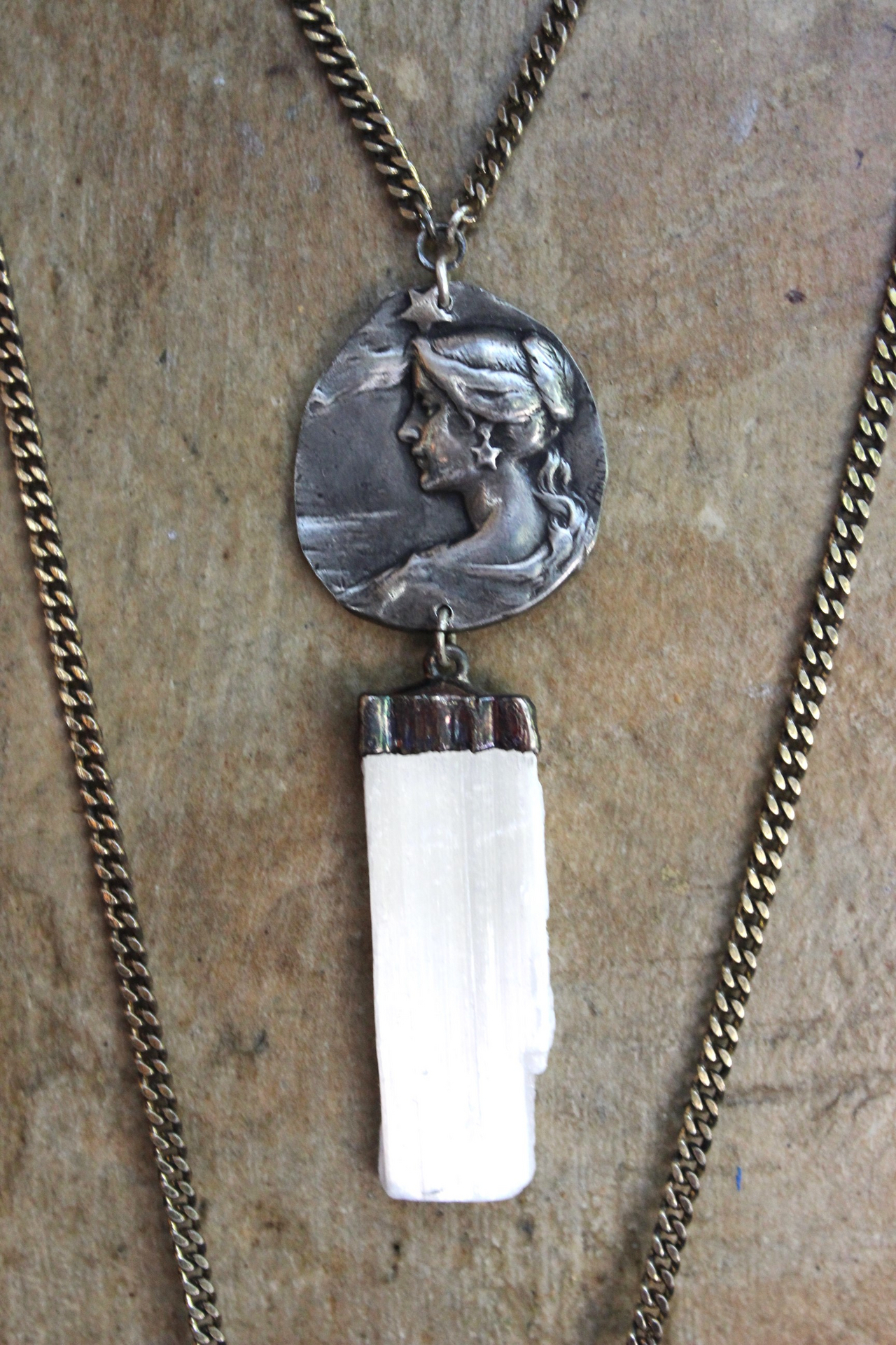 As Fine as Soul Necklace Set with Fluorite Capped Selenite Wand & Pouch, Twilight Goddess Medal, Sterling Capped Raven Wing & Black Tourmaline + More!