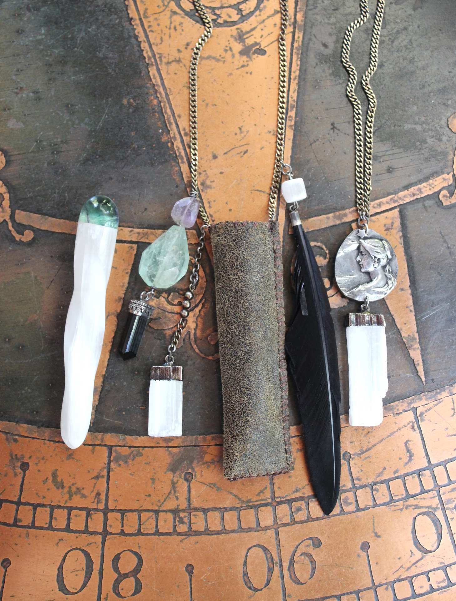 As Fine as Soul Necklace Set with Fluorite Capped Selenite Wand & Pouch, Twilight Goddess Medal, Sterling Capped Raven Wing & Black Tourmaline + More!
