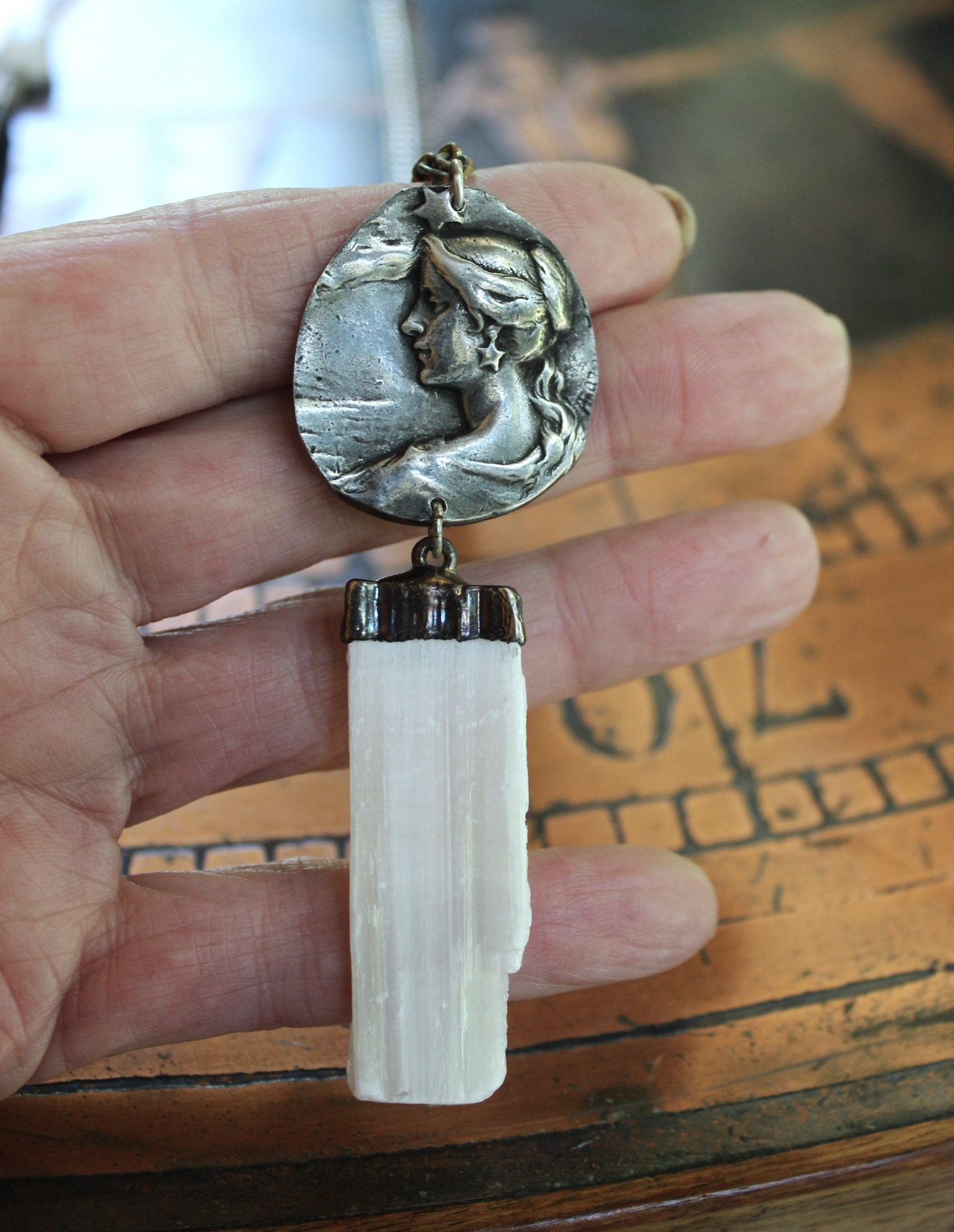 As Fine as Soul Necklace Set with Fluorite Capped Selenite Wand & Pouch, Twilight Goddess Medal, Sterling Capped Raven Wing & Black Tourmaline + More!