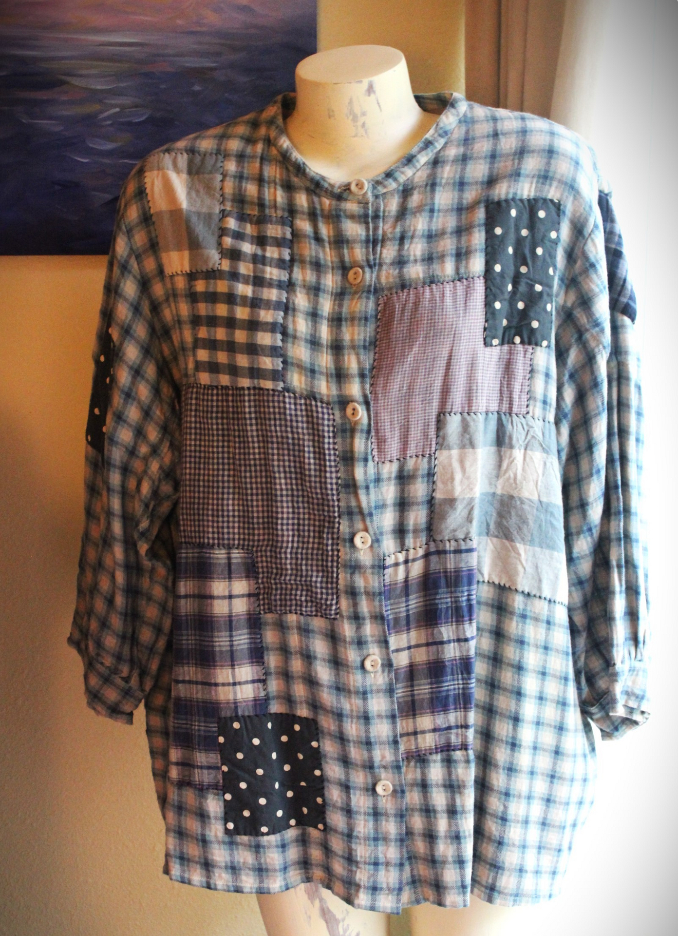 Magnolia Pearl Flannel Cotton Patchwork Shirt with Hand Stitching, Fabric Covered Buttons and 3 Quarter Length Sleeves