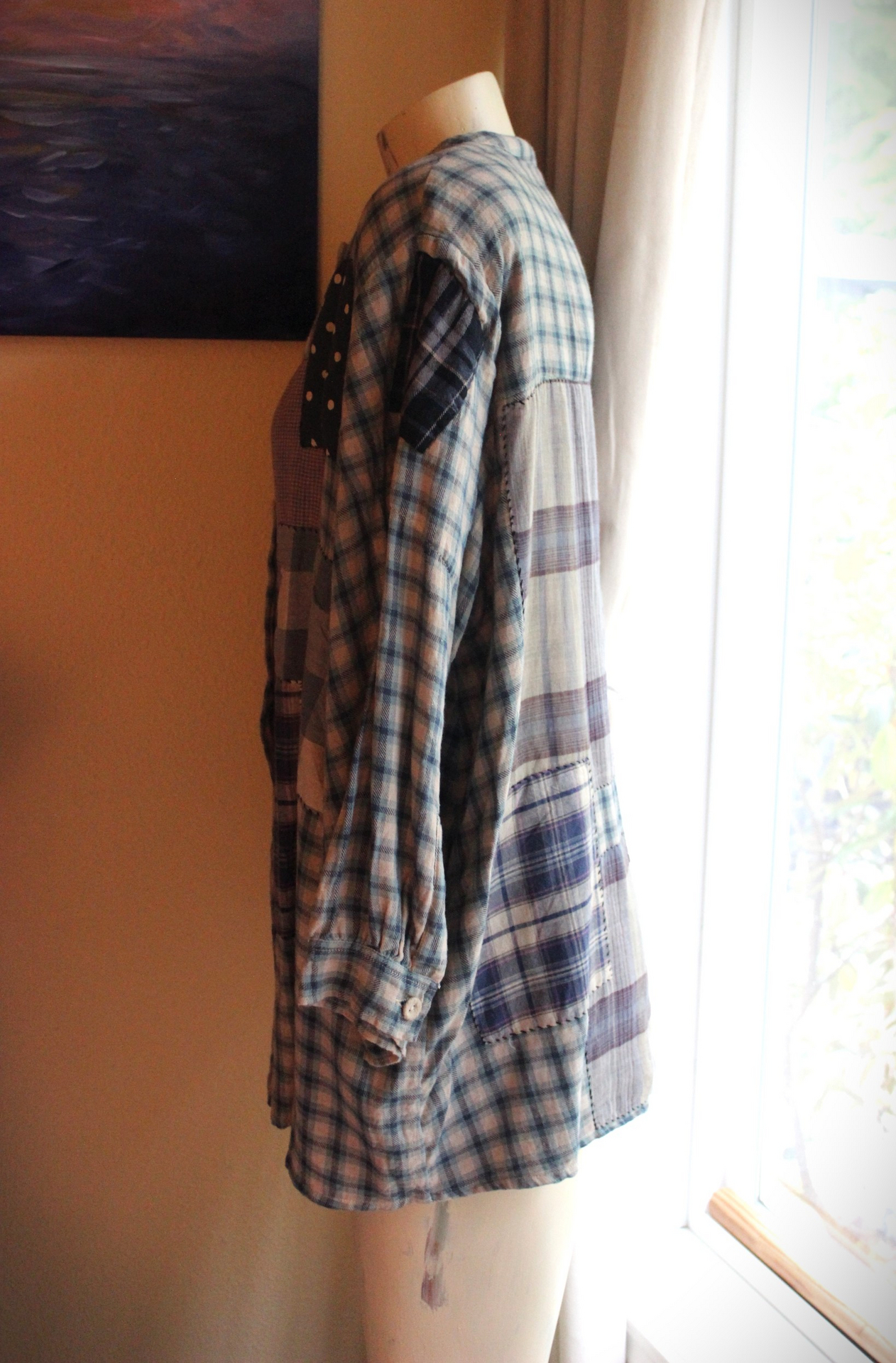 Magnolia Pearl Flannel Cotton Patchwork Shirt with Hand Stitching, Fabric Covered Buttons and 3 Quarter Length Sleeves