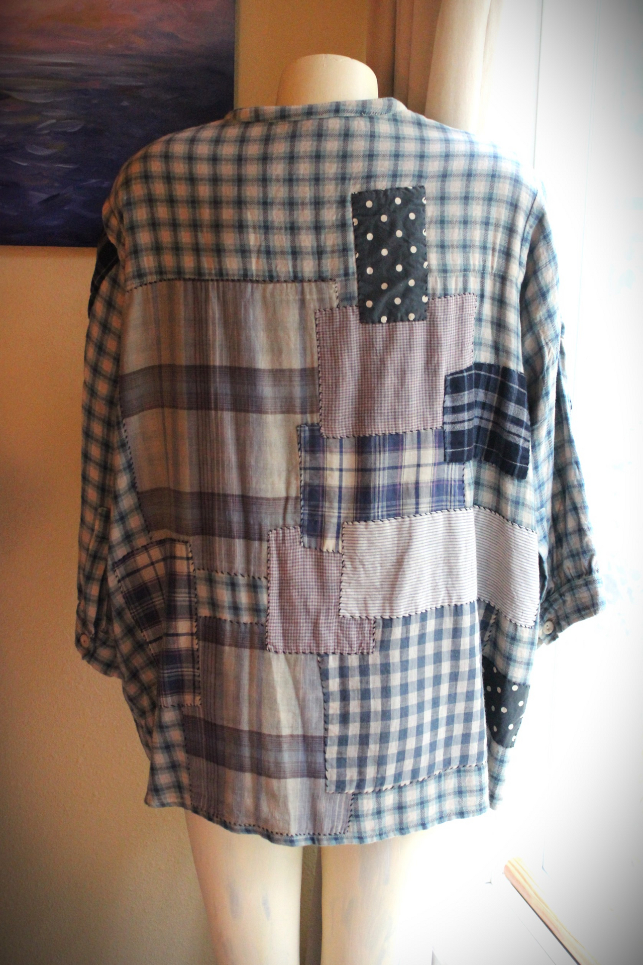Magnolia Pearl Flannel Cotton Patchwork Shirt with Hand Stitching, Fabric Covered Buttons and 3 Quarter Length Sleeves