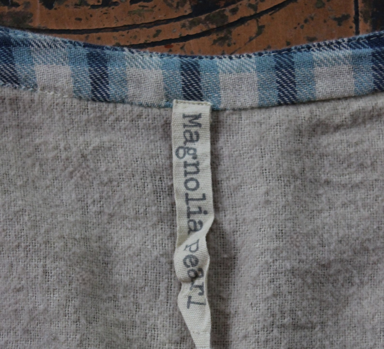 Magnolia Pearl Flannel Cotton Patchwork Shirt with Hand Stitching, Fabric Covered Buttons and 3 Quarter Length Sleeves
