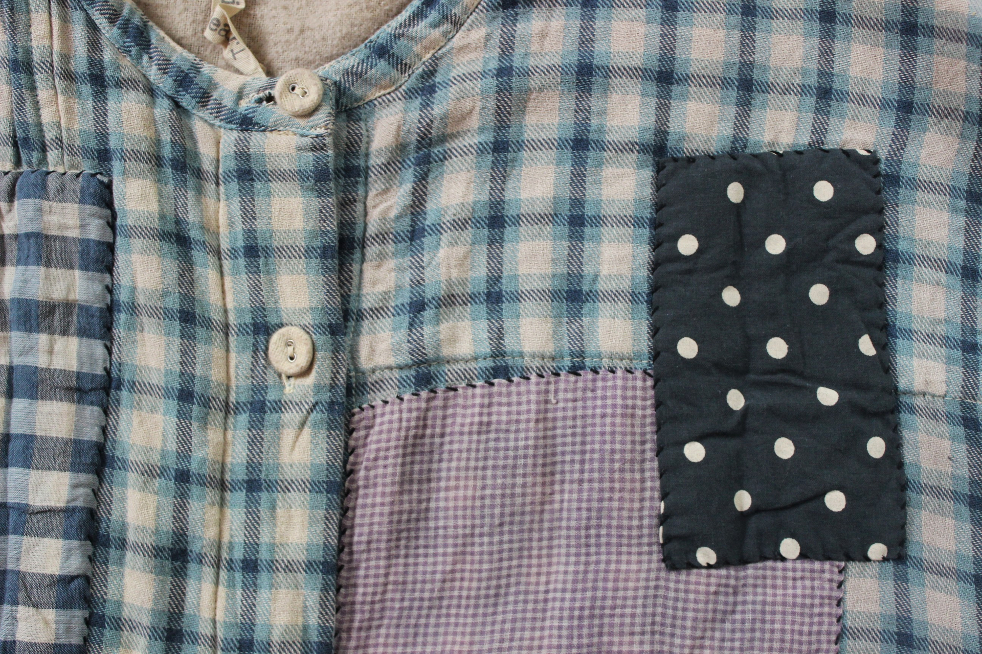 Magnolia Pearl Flannel Cotton Patchwork Shirt with Hand Stitching, Fabric Covered Buttons and 3 Quarter Length Sleeves