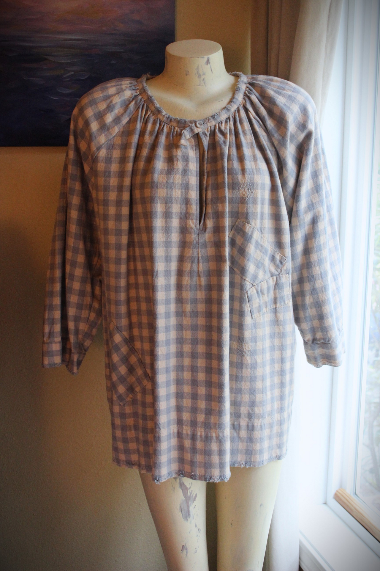 Magnolia Pearl Cotton Gingham Peasant Shirt with Unique Distressing & Button Closures