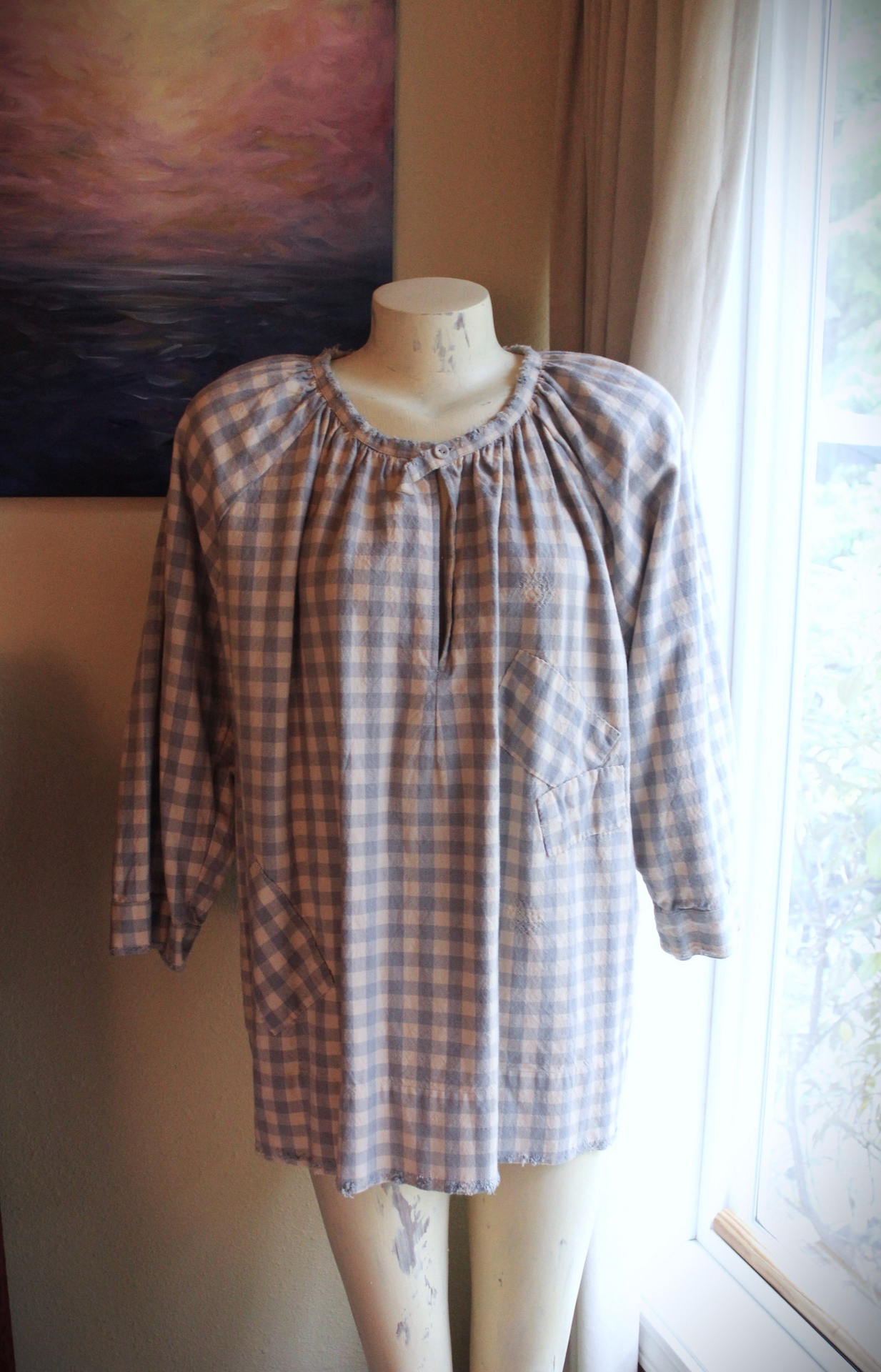 Magnolia Pearl Cotton Gingham Peasant Shirt with Unique Distressing & Button Closures