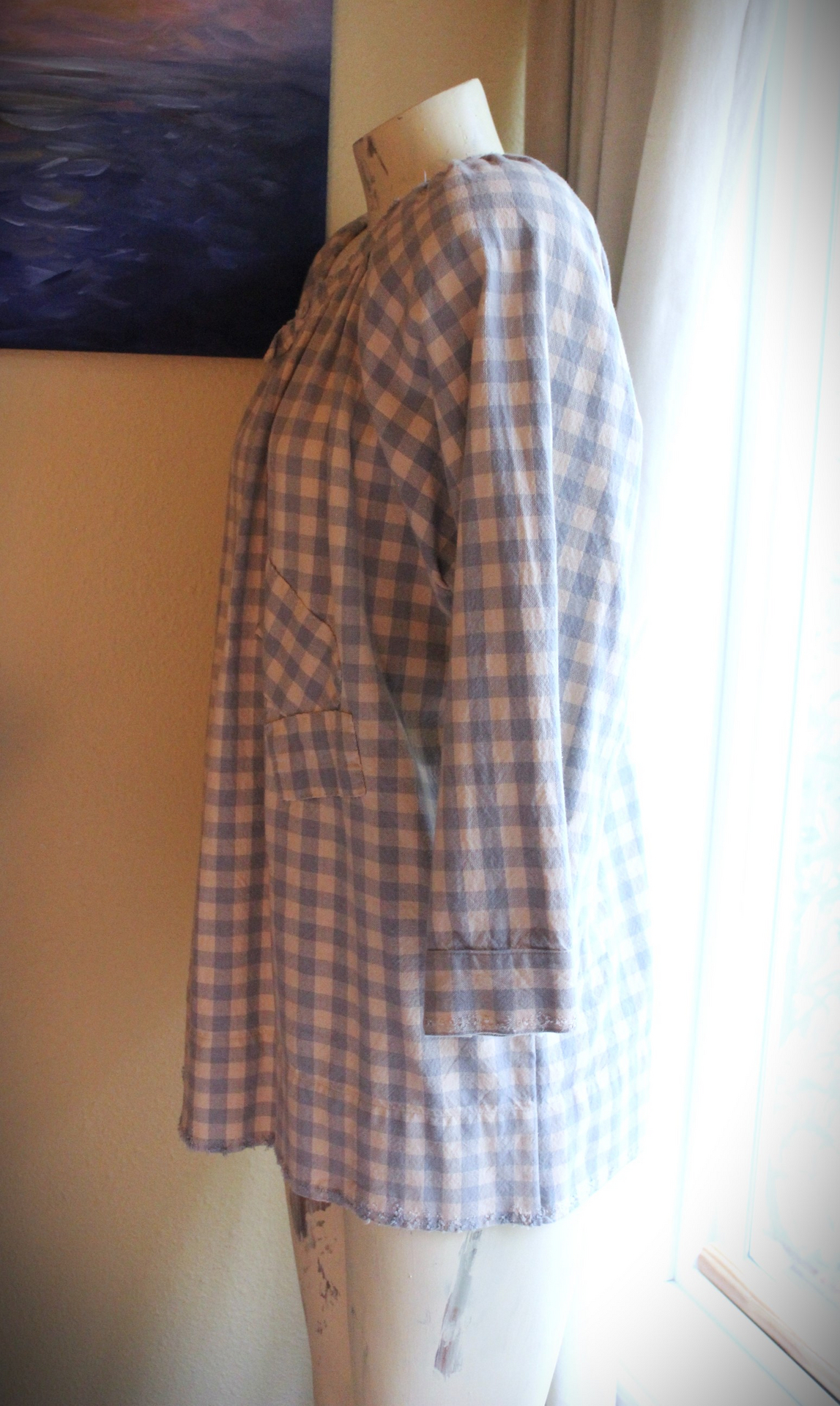 Magnolia Pearl Cotton Gingham Peasant Shirt with Unique Distressing & Button Closures