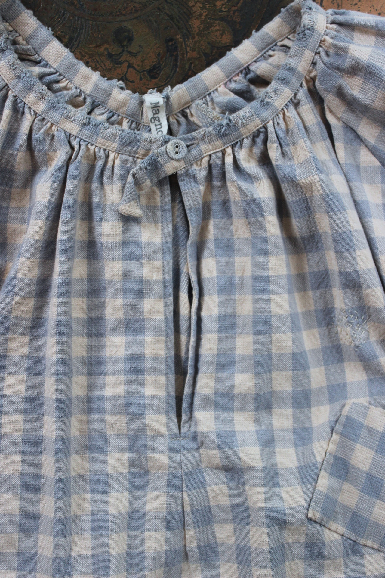 Magnolia Pearl Cotton Gingham Peasant Shirt with Unique Distressing & Button Closures