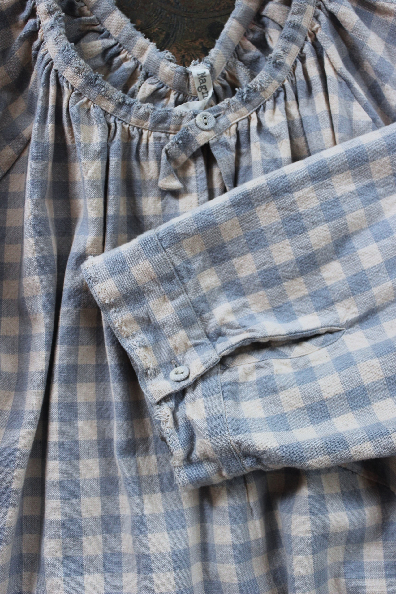 Magnolia Pearl Cotton Gingham Peasant Shirt with Unique Distressing & Button Closures