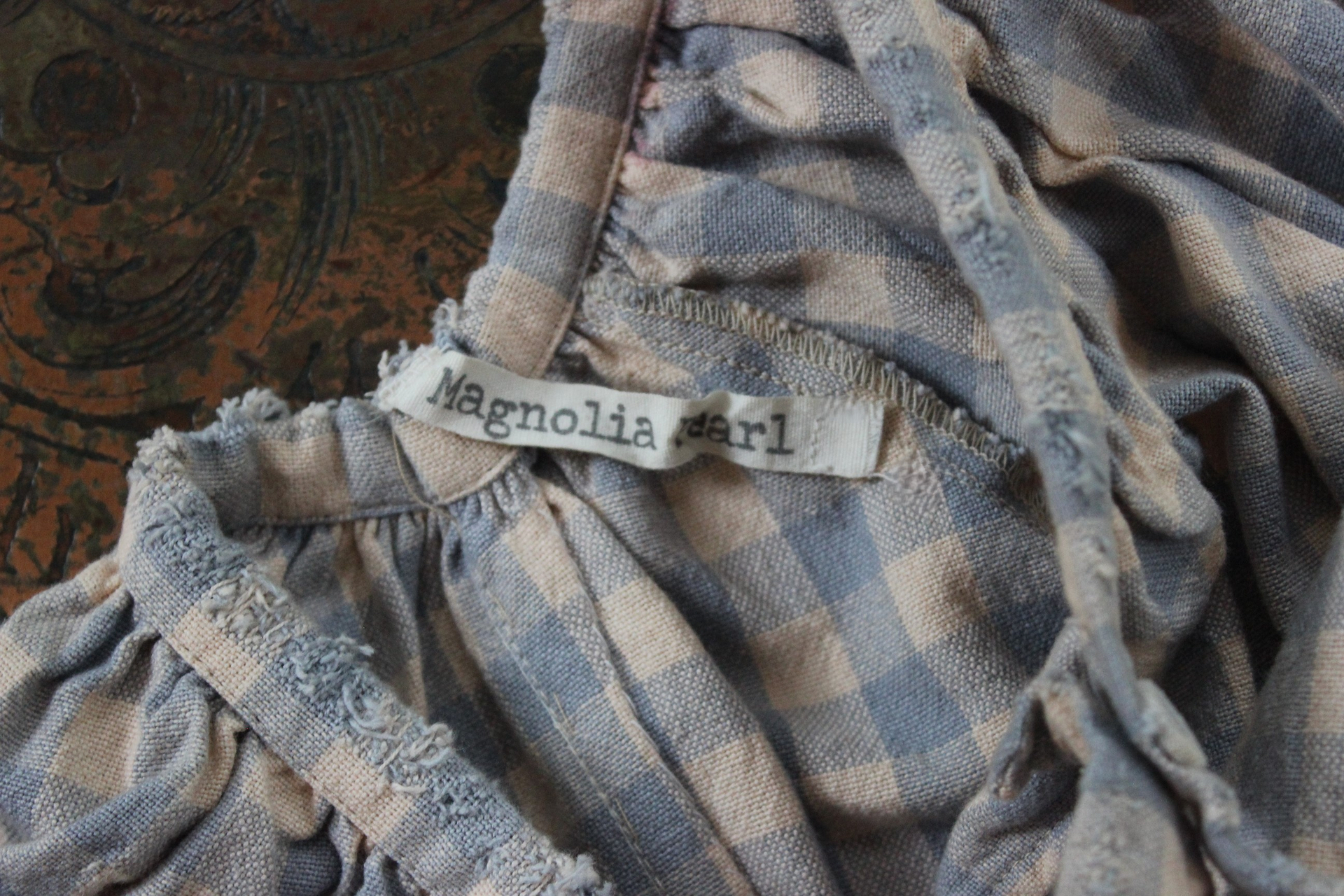Magnolia Pearl Cotton Gingham Peasant Shirt with Unique Distressing & Button Closures