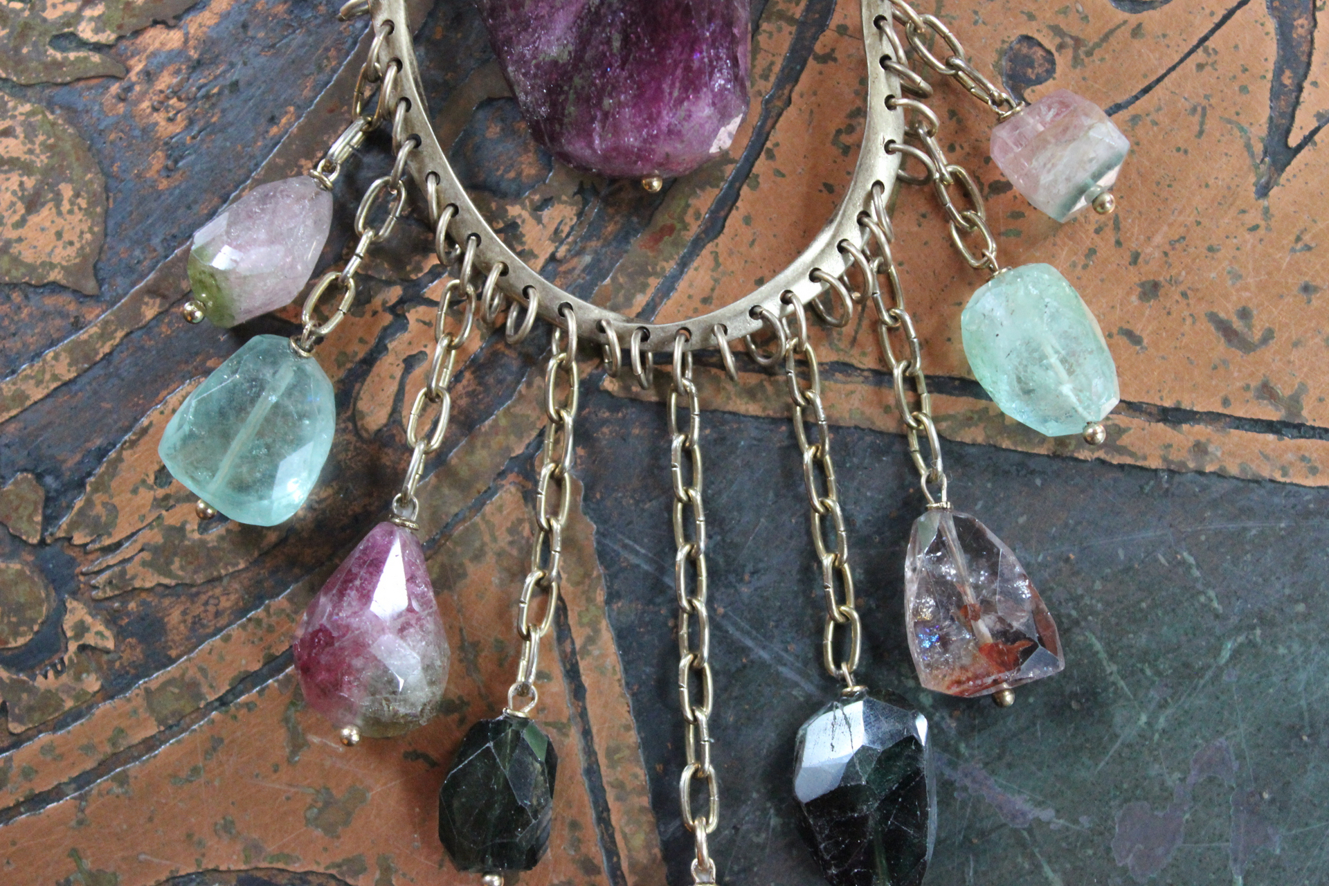 NEW! Brave Soul Necklace with 10 Faceted Tourmaline Gemstones, Unique Freeform Connector, Vintage Link Chain & Toggle Clasp