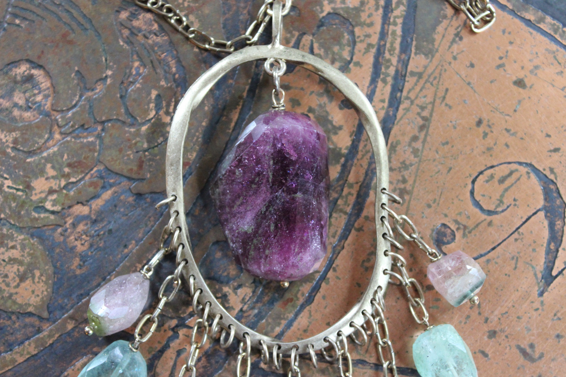 NEW! Brave Soul Necklace with 10 Faceted Tourmaline Gemstones, Unique Freeform Connector, Vintage Link Chain & Toggle Clasp