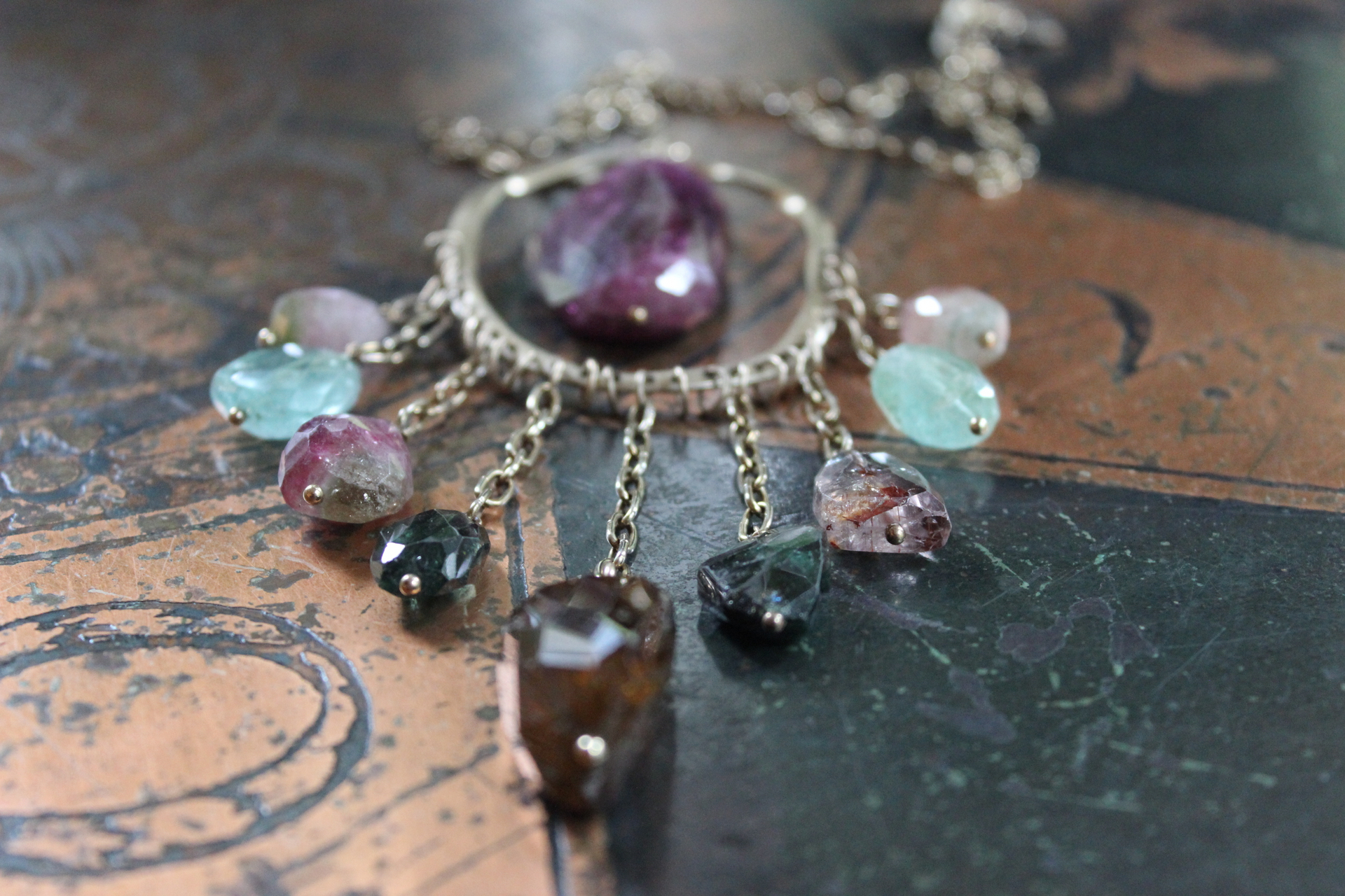 NEW! Brave Soul Necklace with 10 Faceted Tourmaline Gemstones, Unique Freeform Connector, Vintage Link Chain & Toggle Clasp