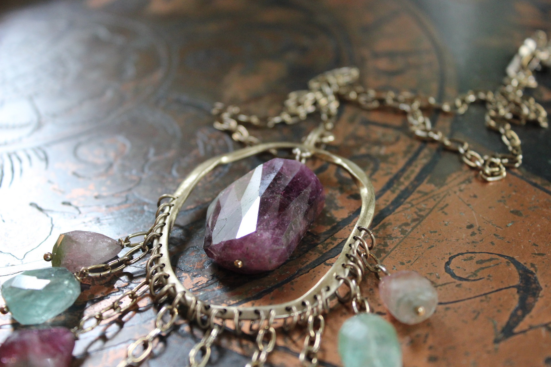 NEW! Brave Soul Necklace with 10 Faceted Tourmaline Gemstones, Unique Freeform Connector, Vintage Link Chain & Toggle Clasp