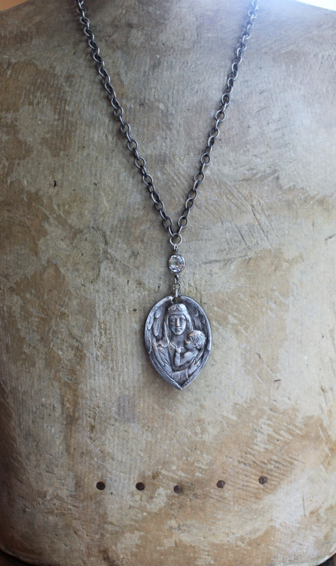 Under His Wings Necklace with Once in a Lifetime Antique Sterling Harden Medal,Antique Faceted Rock Crystal Connector,Solid Sterling Chain & Clasp