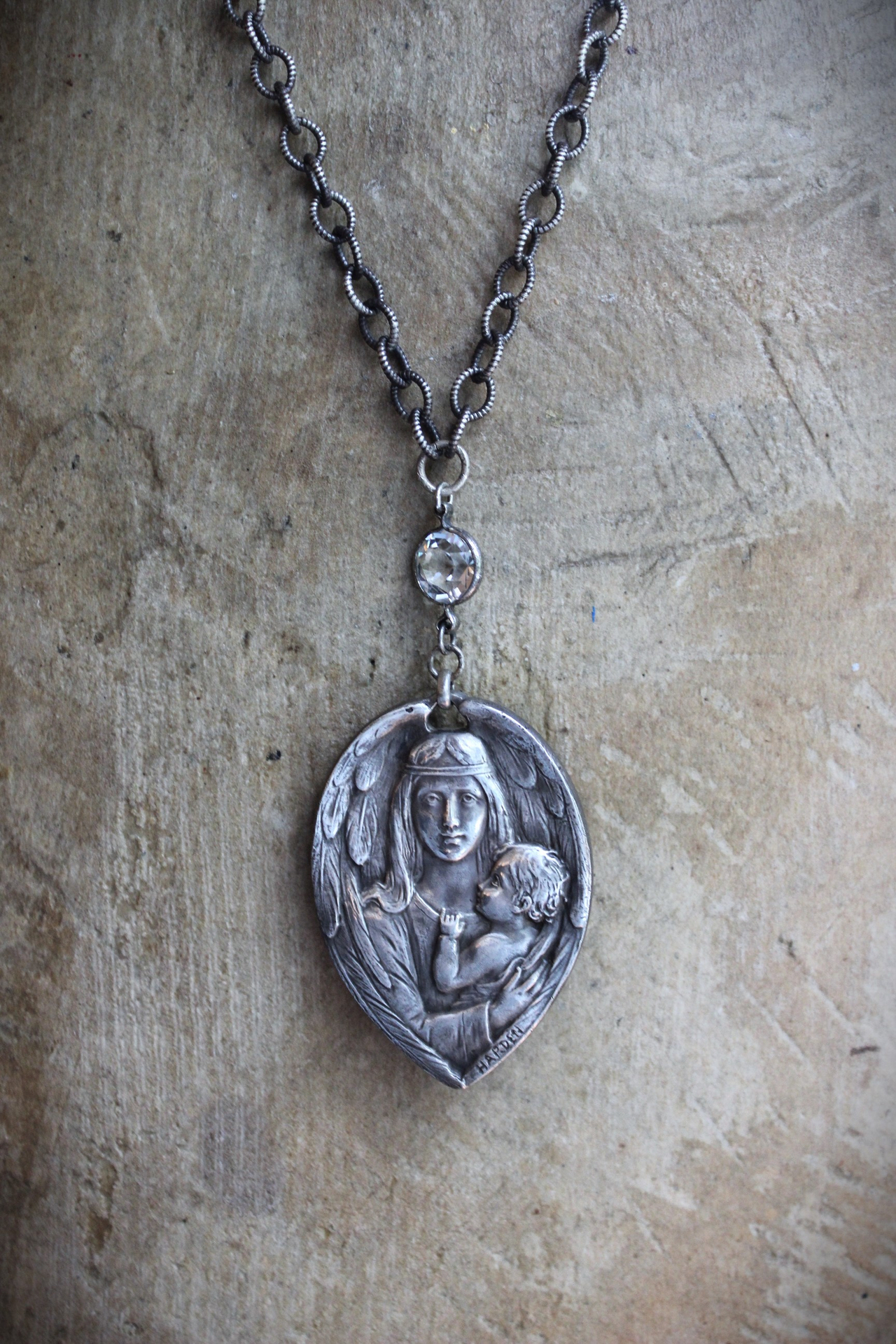 Under His Wings Necklace with Once in a Lifetime Antique Sterling Harden Medal,Antique Faceted Rock Crystal Connector,Solid Sterling Chain & Clasp