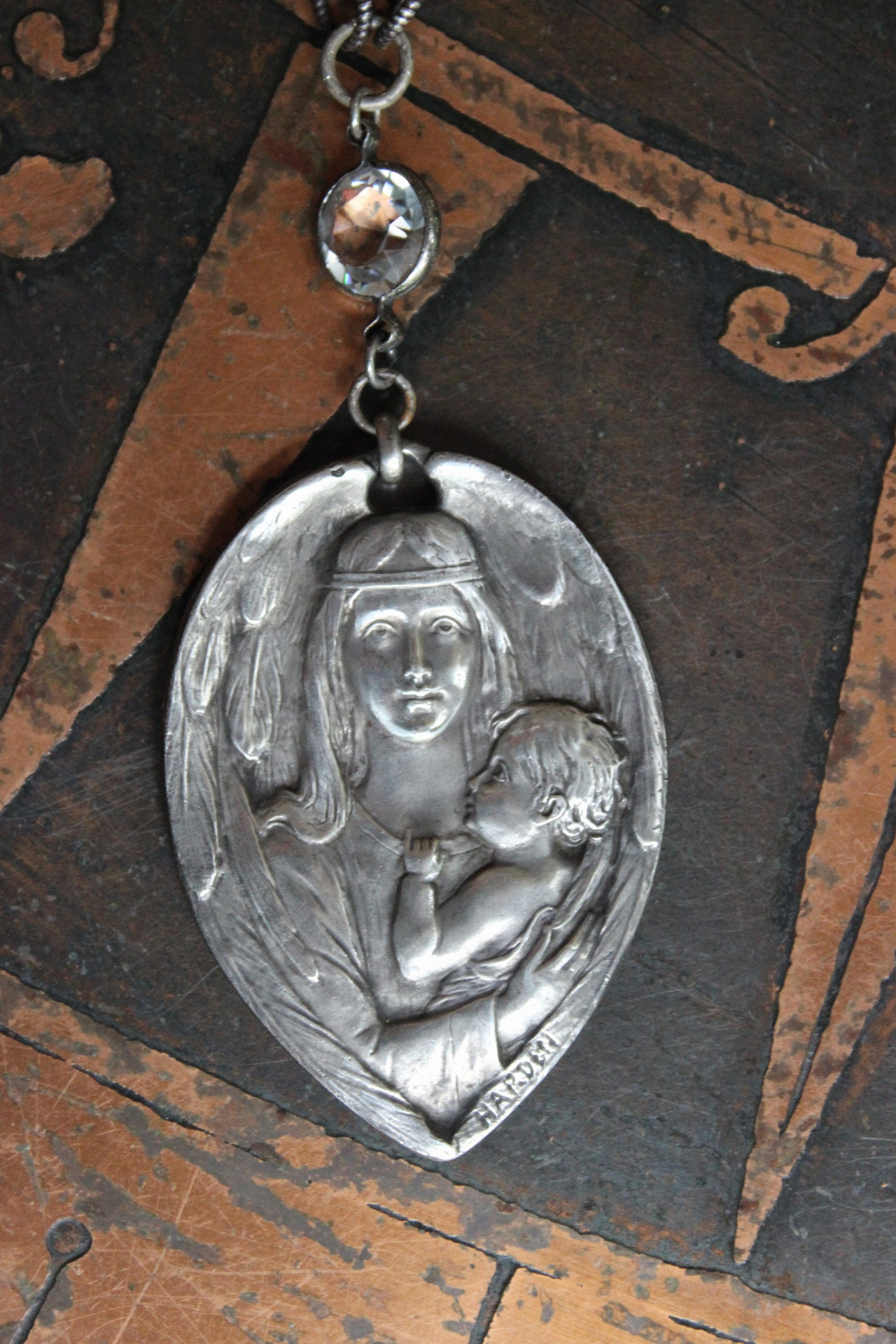 Under His Wings Necklace with Once in a Lifetime Antique Sterling Harden Medal,Antique Faceted Rock Crystal Connector,Solid Sterling Chain & Clasp