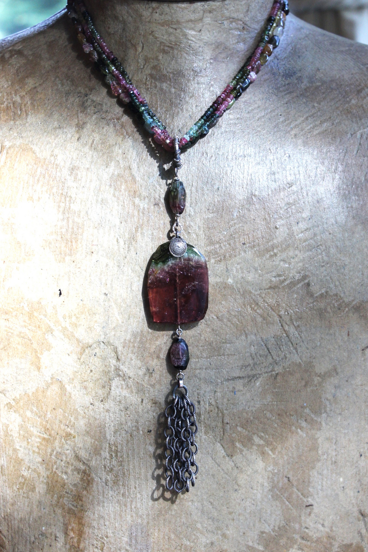 Sold to J Extraordinary Faceted Watermelon Tourmaline Slice Necklace with Multistrand Tourmaline Chains and Sterling Chain Tassel