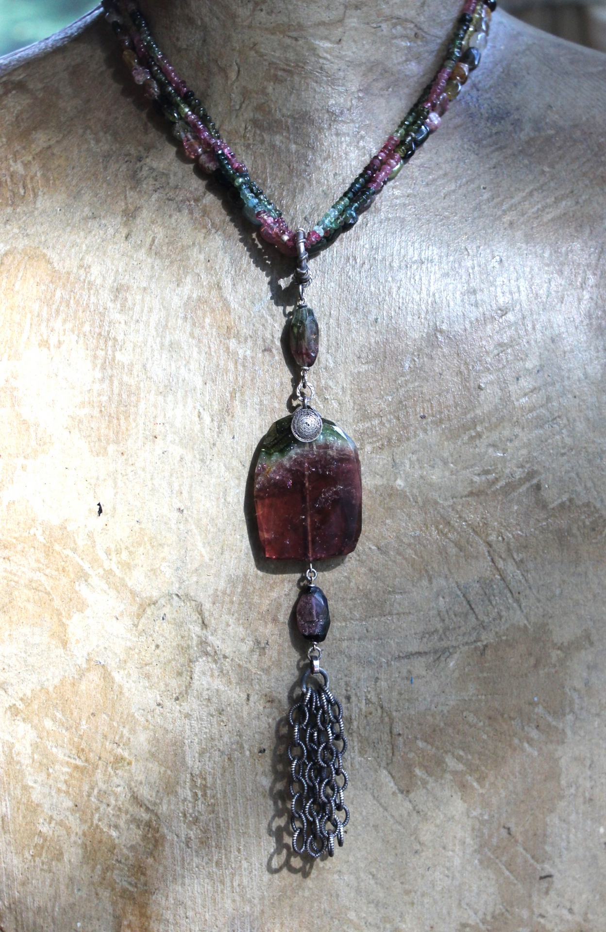 Sold to J Extraordinary Faceted Watermelon Tourmaline Slice Necklace with Multistrand Tourmaline Chains and Sterling Chain Tassel
