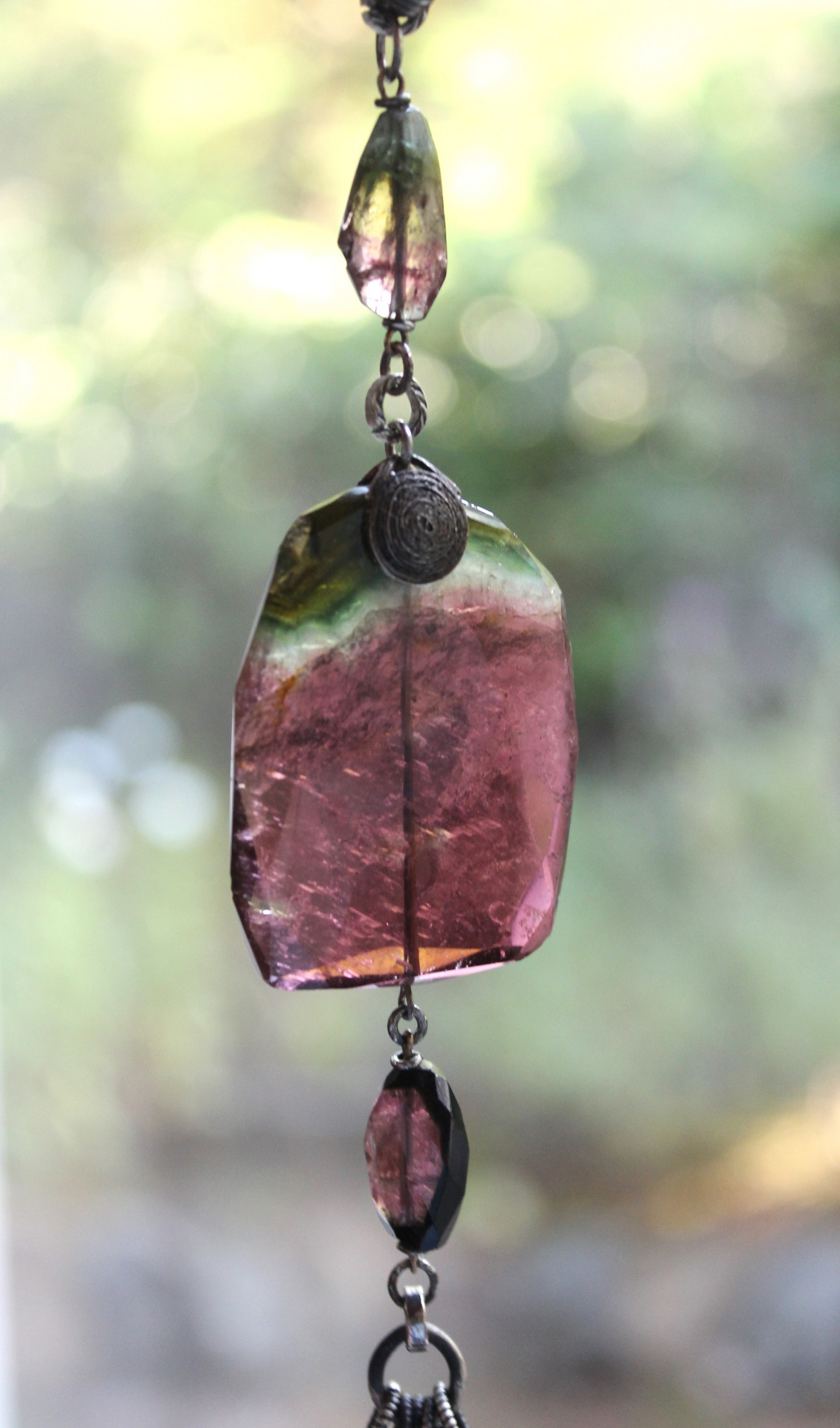 Sold to J Extraordinary Faceted Watermelon Tourmaline Slice Necklace with Multistrand Tourmaline Chains and Sterling Chain Tassel