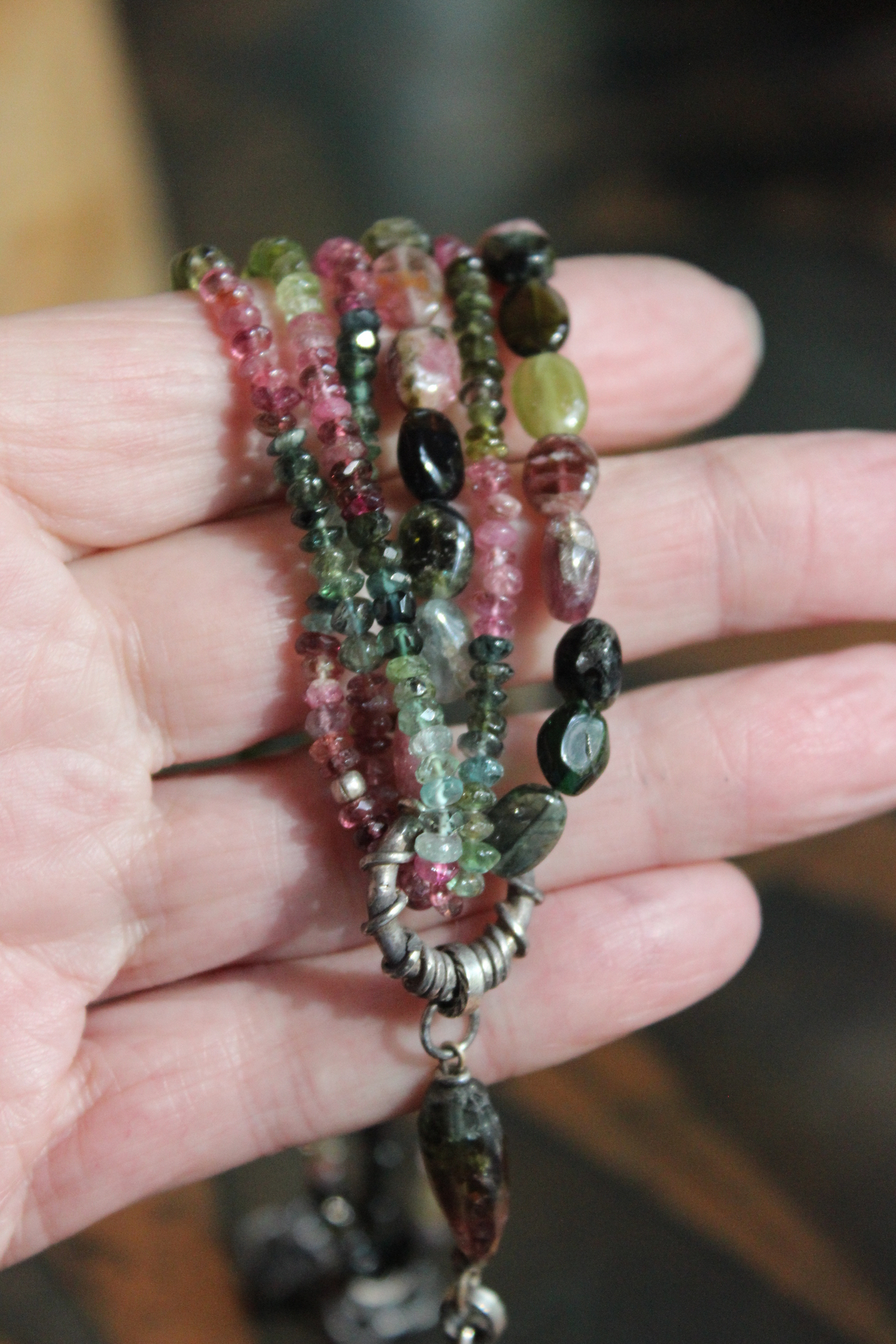 Sold to J Extraordinary Faceted Watermelon Tourmaline Slice Necklace with Multistrand Tourmaline Chains and Sterling Chain Tassel