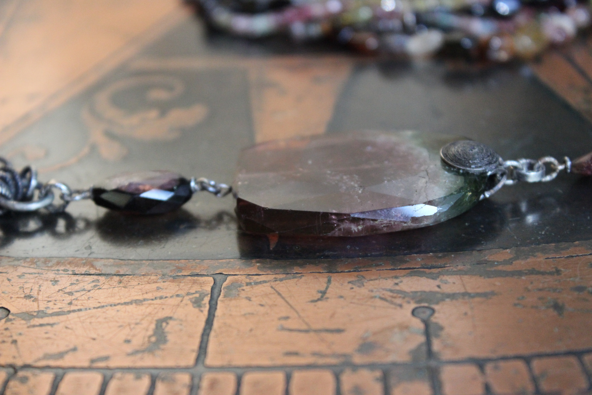 Sold to J Extraordinary Faceted Watermelon Tourmaline Slice Necklace with Multistrand Tourmaline Chains and Sterling Chain Tassel