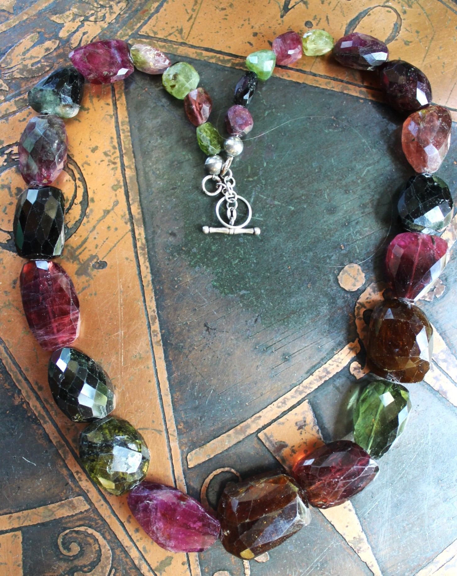 Sold to J One of a Kind Checkerboard Faceted Tourmaline Gemstone Necklace with Sterling Toggle Clasp