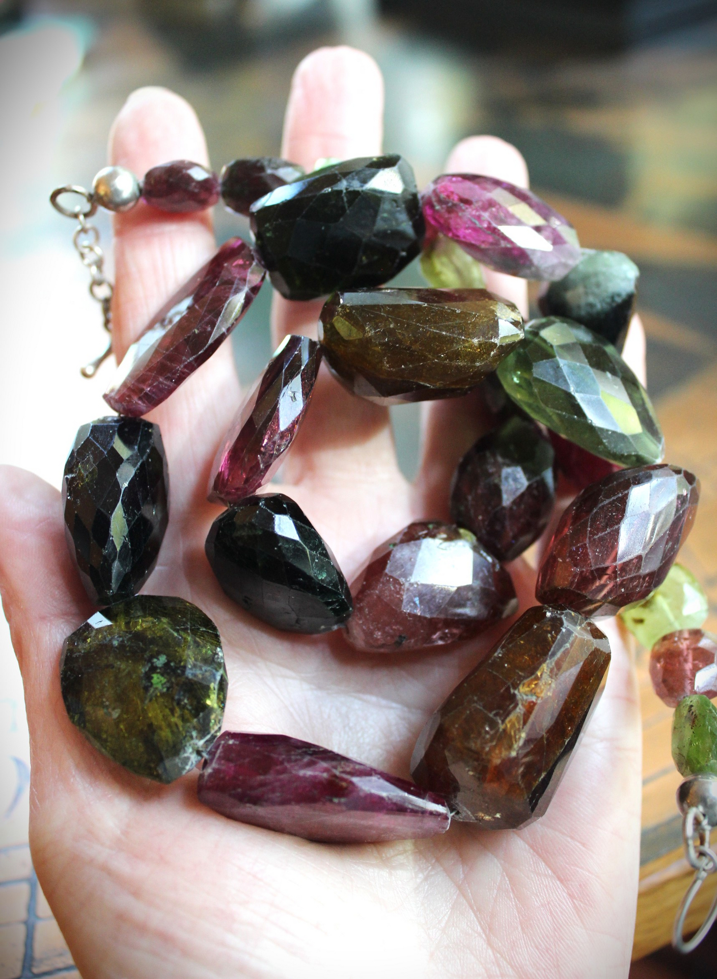Sold to J One of a Kind Checkerboard Faceted Tourmaline Gemstone Necklace with Sterling Toggle Clasp