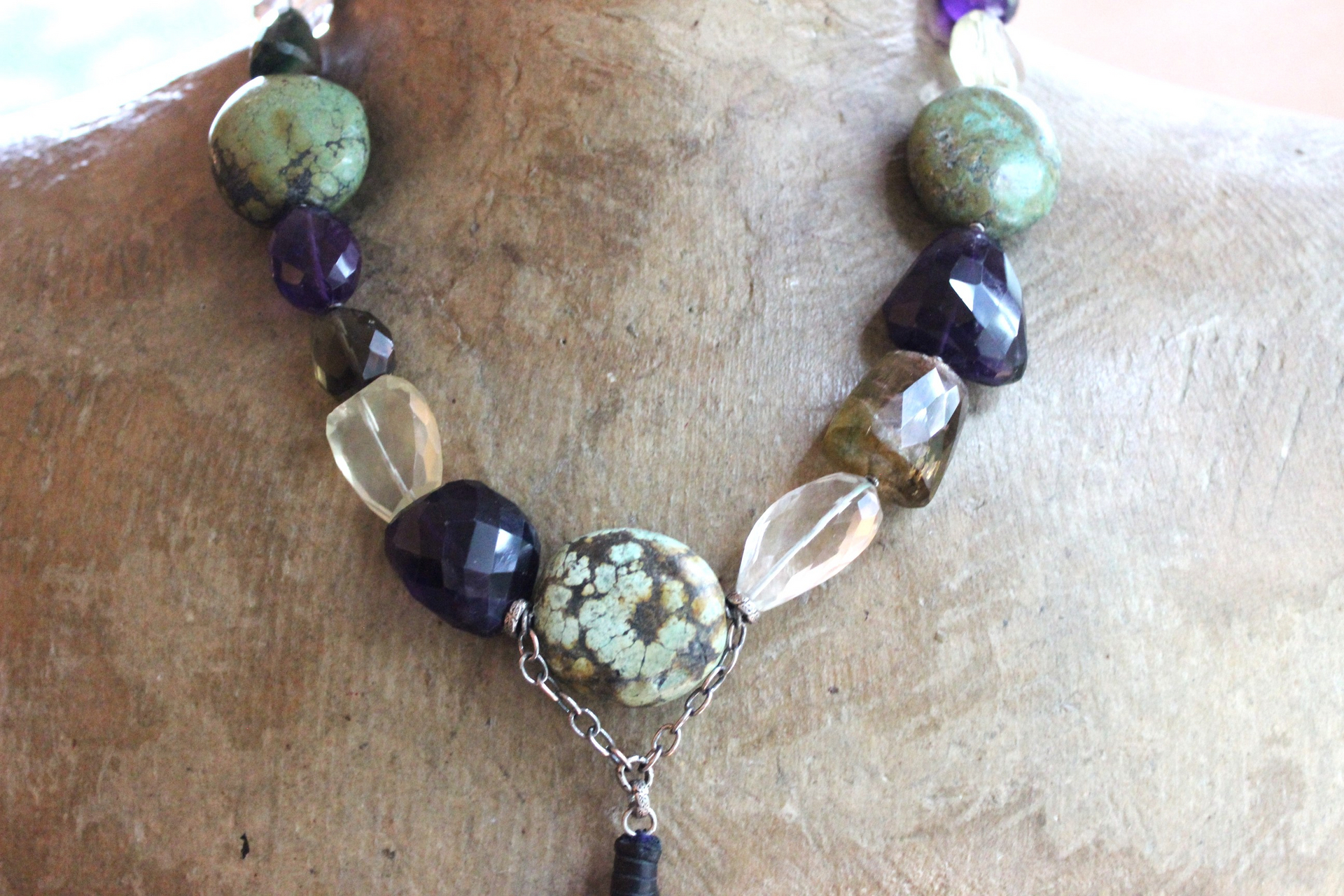 SOLD to J Faceted Gemstone Necklace with Amethyst,Smoky Topaz,Tourmaline,Lemon Quartz,Rock Quartz, Old Royston Turquoise Stones & Premium Black Leather Tassel