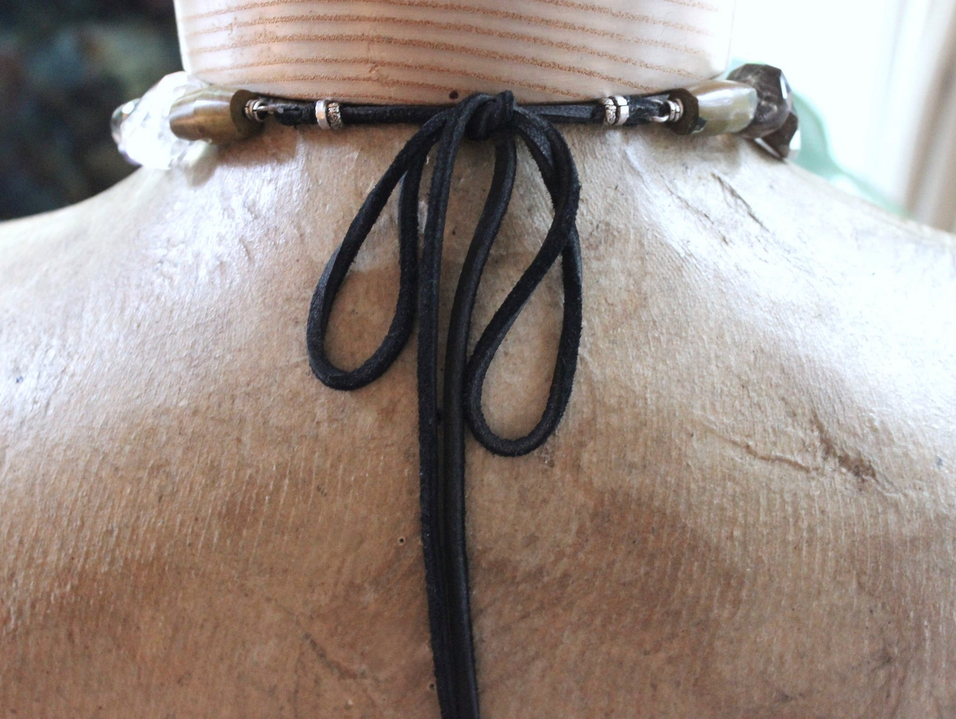 SOLD to J Faceted Gemstone Necklace with Amethyst,Smoky Topaz,Tourmaline,Lemon Quartz,Rock Quartz, Old Royston Turquoise Stones & Premium Black Leather Tassel